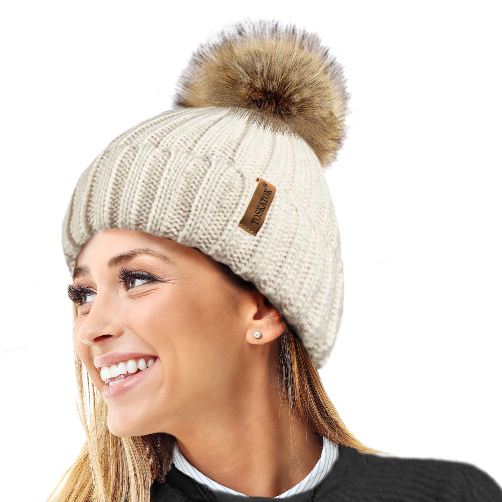 Toskatok Women's Beige Toskatok® Warm Winter Hat Woolly Knitted Beanie With Detachable Chunky Faux Fur Bobble Pom Pom