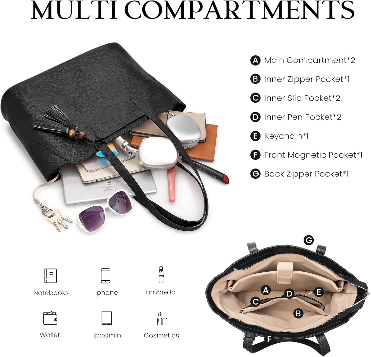 befen Genuine Leather Tote Bag for Women Work, Women's Tote Handbags Shoulder Satchel Purse with Compartments and Tassel - Image 3