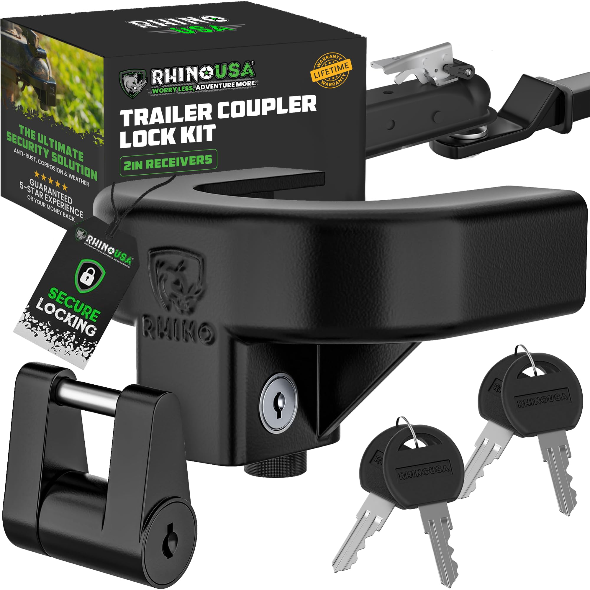 Rhino USA Trailer Hitch Lock Kit (for 2" Trailers) Heavy Duty Anti Theft Trailer Coupler Locks for RV, Camper, Trailer, Boat, Caravan - Reinforced Solid Steel Tow Lock for Trailer Tongue