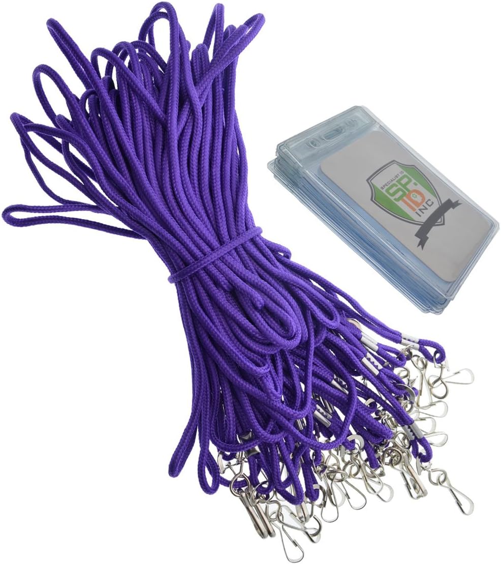 Bulk 25 Pack - Premium Name Tag Badge Holders with Lanyards - Vertical Clear Plastic Card Pouch and Lanyard Holder for School and Events by Specialist ID (Purple)