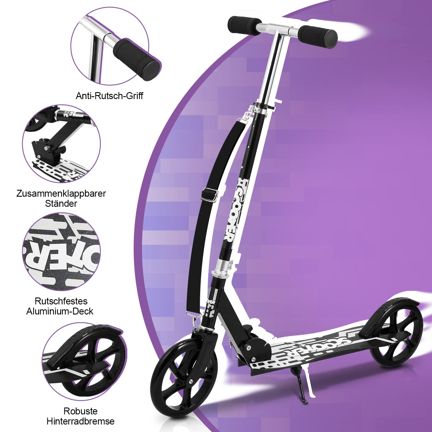 Lospitch Monopattino per bambini, monopattino per bambini in alluminio da 190 mm, monopattino per bambini pieghevole con 2 ruote e 3 altezze regolabili, monopattino per bambini da 5 anni in poi