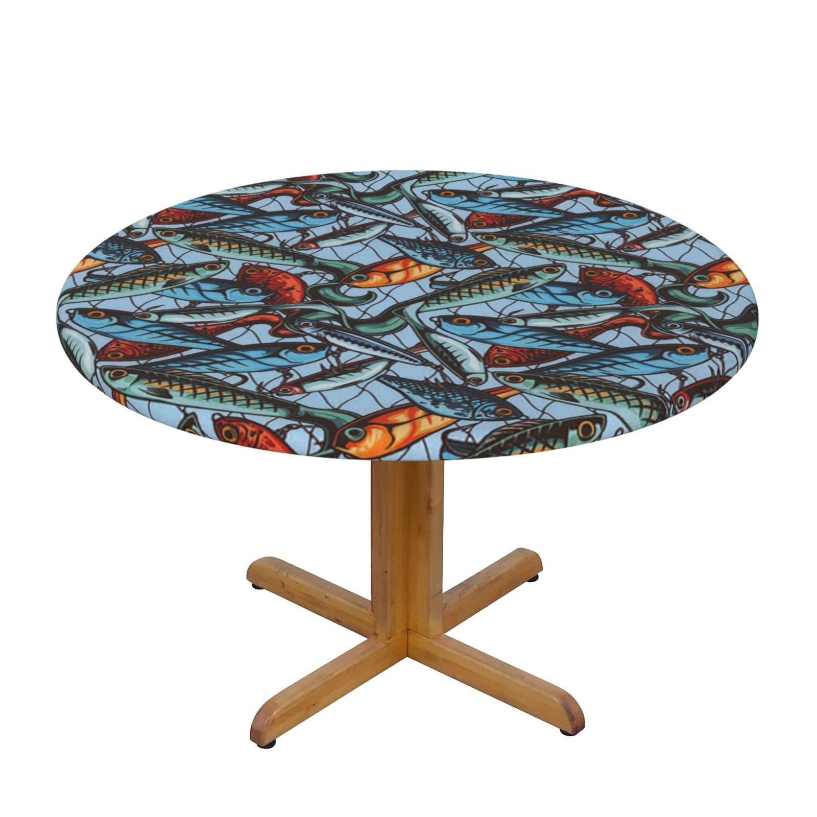 Lsjuee Round Fitted Tablecloth 45-50in Elastic Edged Table Cloth for Kitchen Dining Party Home Decor - Fishing Lures Blues