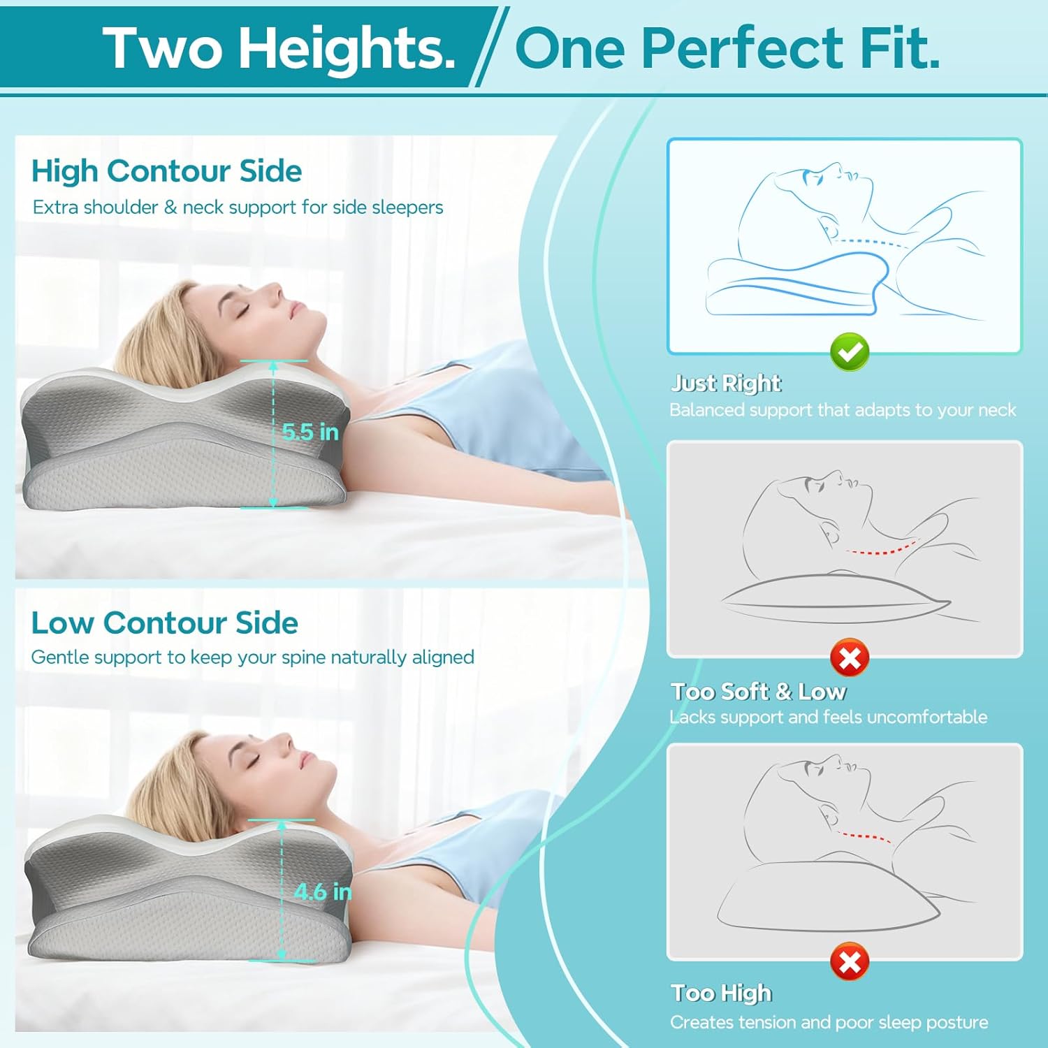 Cervical Pillow for Neck Pain Relief, Ergonomic Pillow for Side Sleeper, Memory Foam Neck Support for Back Sleepers, Dual Height Contour Pillow with Cooling Breathable Cover, White & Grey