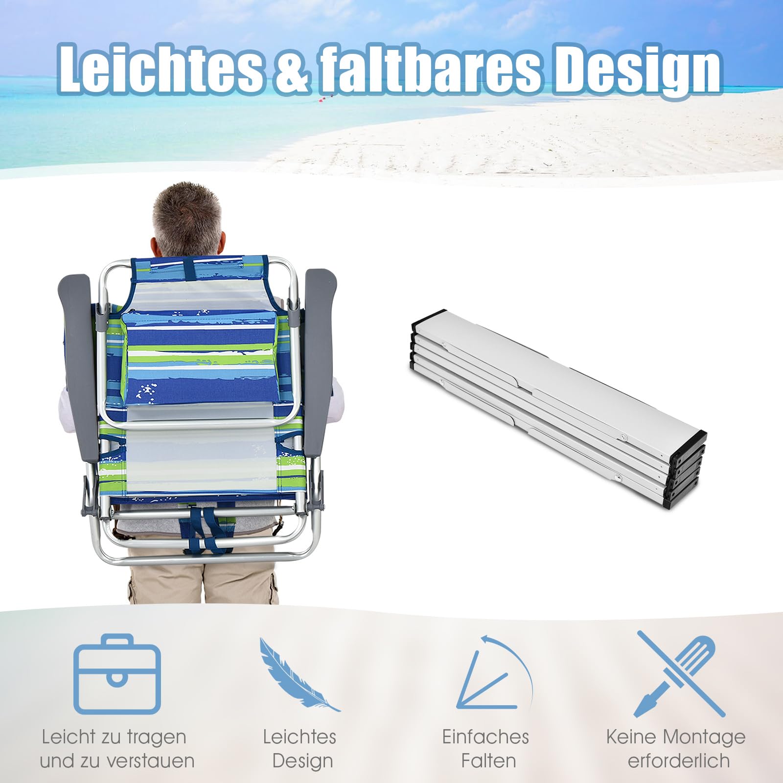 GOPLUS Strandstuhl, 2er Campingstuhl & Tisch Set mit Rückenlehne 5 stufig verstellbar, Kopfstütze & Armlehnen, Klappstuhl Faltstuhl leicht tragbar mit Schultergurten für Strand (Blau+Grün)