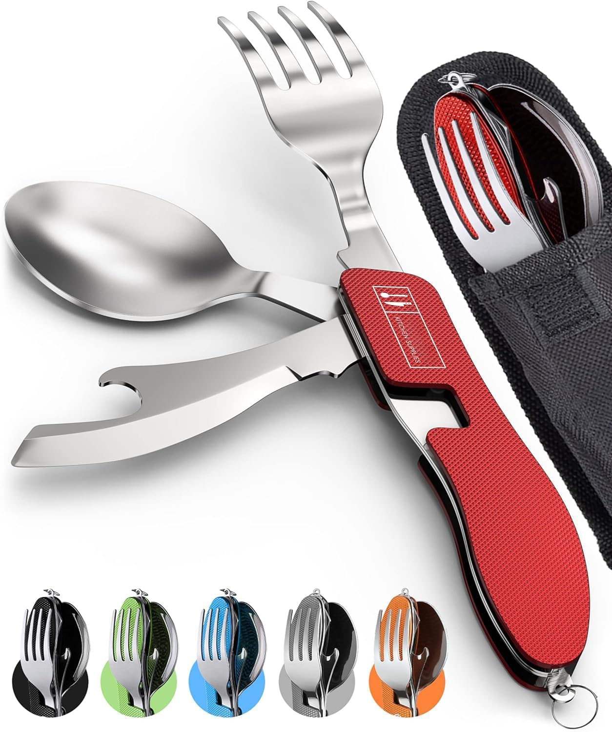 Folding Camping Utensils Cutlery Set, 2Pcs 4-in-1 Stainless Steel Spoon Fork Knife Bottle Opener Set Detachable Tableware Pocket Kits Backpacking Cutlery Multitool, for Camping, Travel