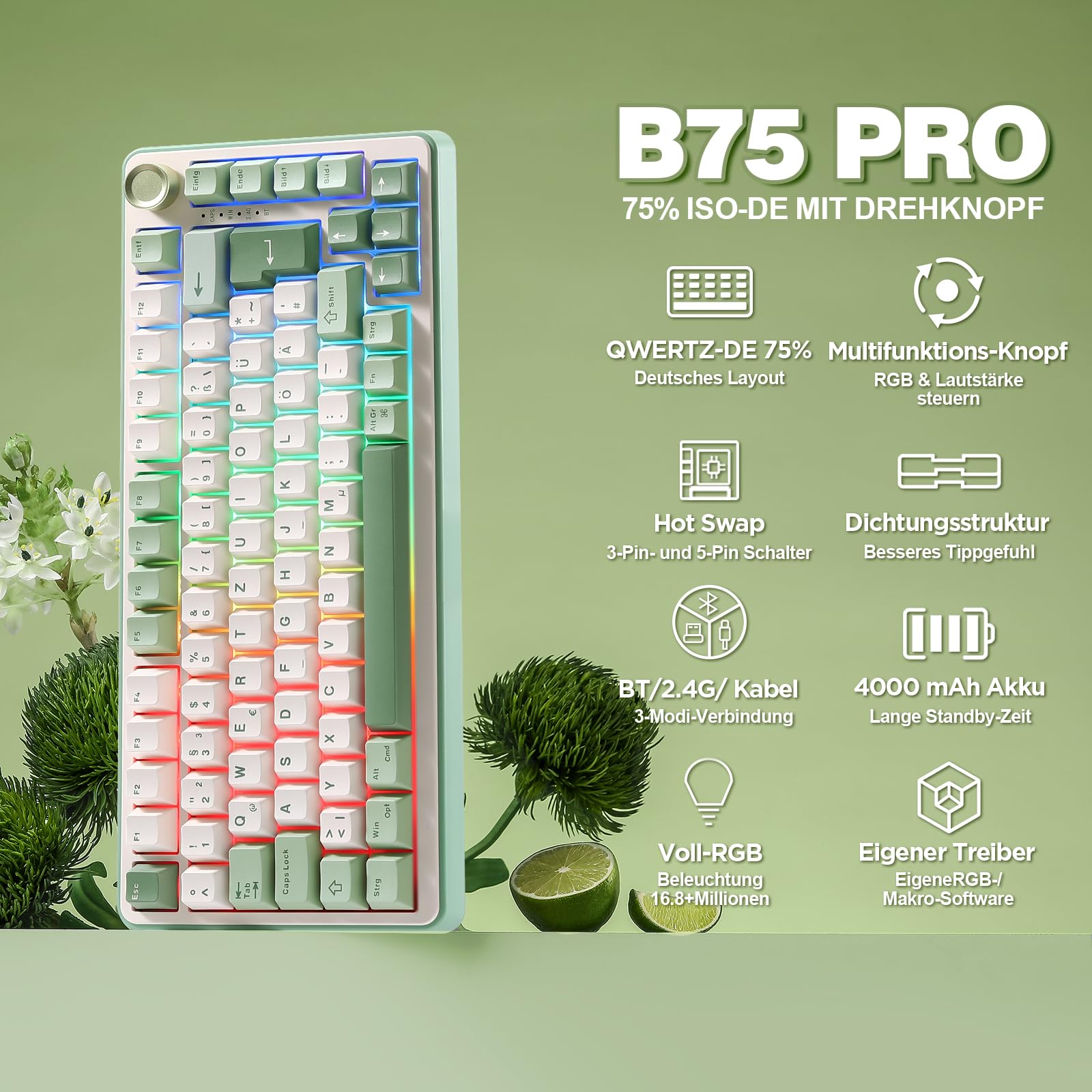 YUNZII B75 PRO ISO-DE Mechanische Gaming Tastatur, 75% QWERTZ Layout (DE) mit Drehknopf, BT5.0/2.4GHz/USB-C, Vorgeschmierte Schalter, RGB für Win/Mac/PC (Matcha Green, Cocoa Cream V2 Switch)