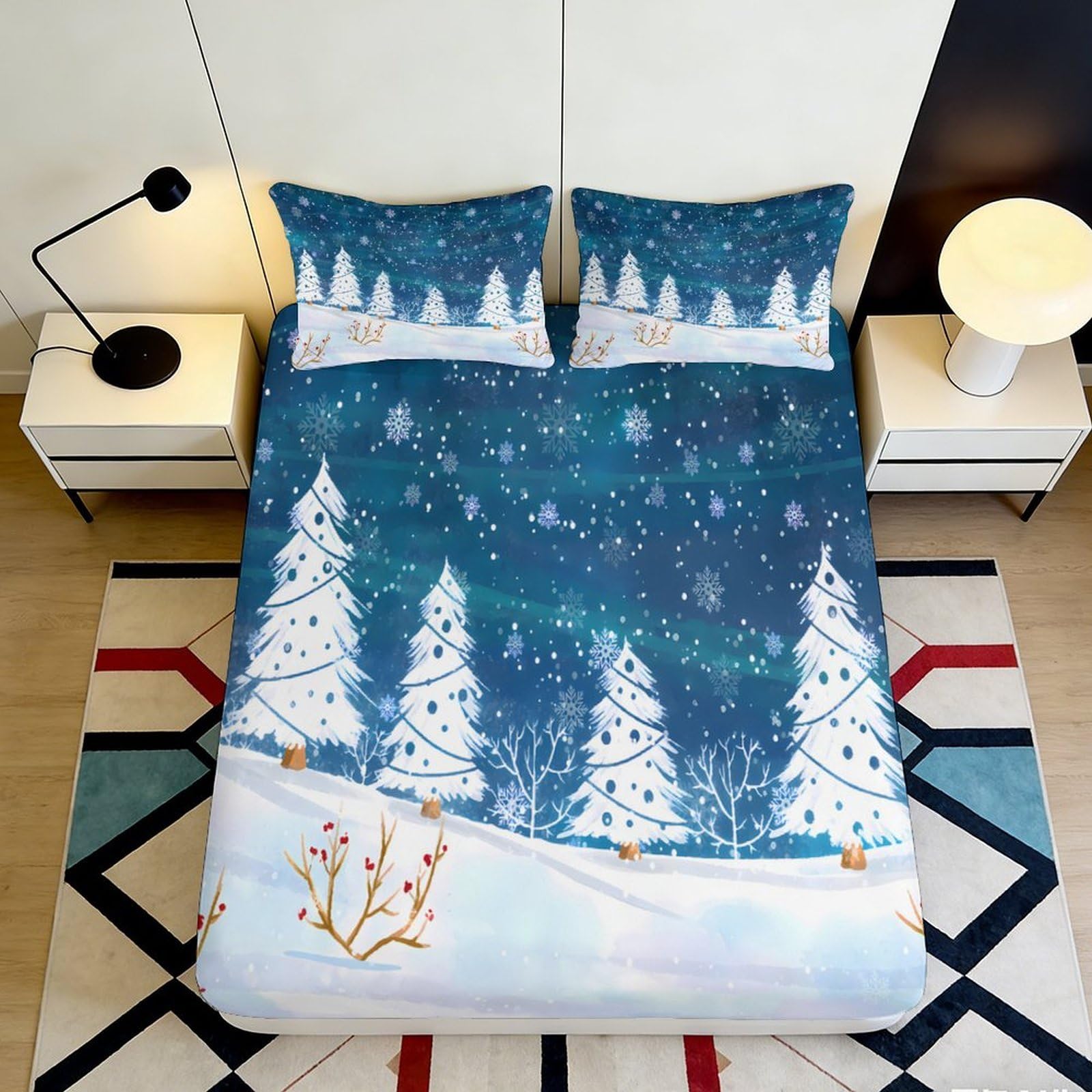 3D Printed Snowy Pine Forest Fitted Sheet Microfiber Soft Winter Night Bed Sheet for Bedroom Guestroom Decor 90x200x25cm