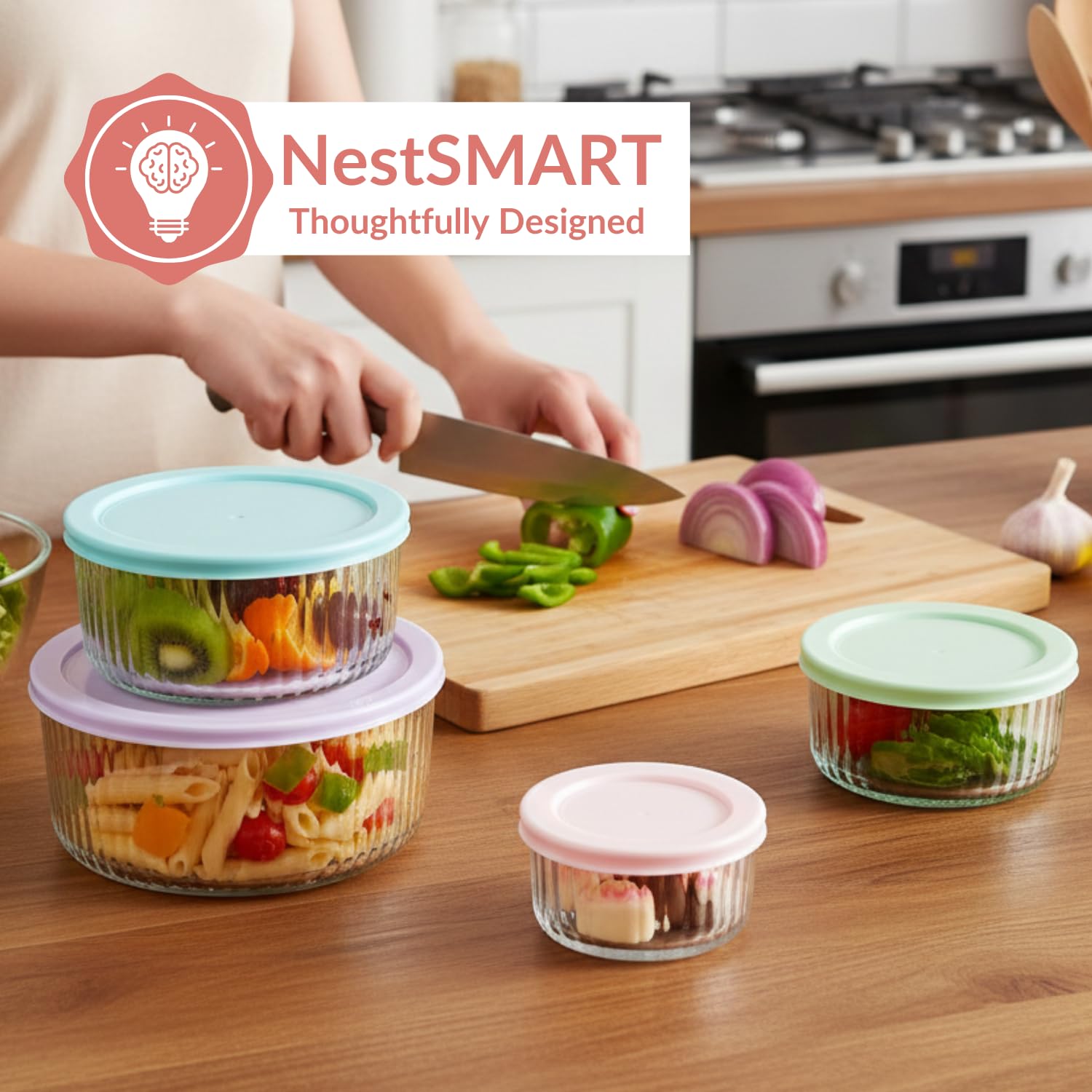 Nestasia Juego de 4 recipientes de vidrio para almacenamiento de alimentos con tapa, aptos para microondas, herméticos, para almacenamiento de alimentos, sobras