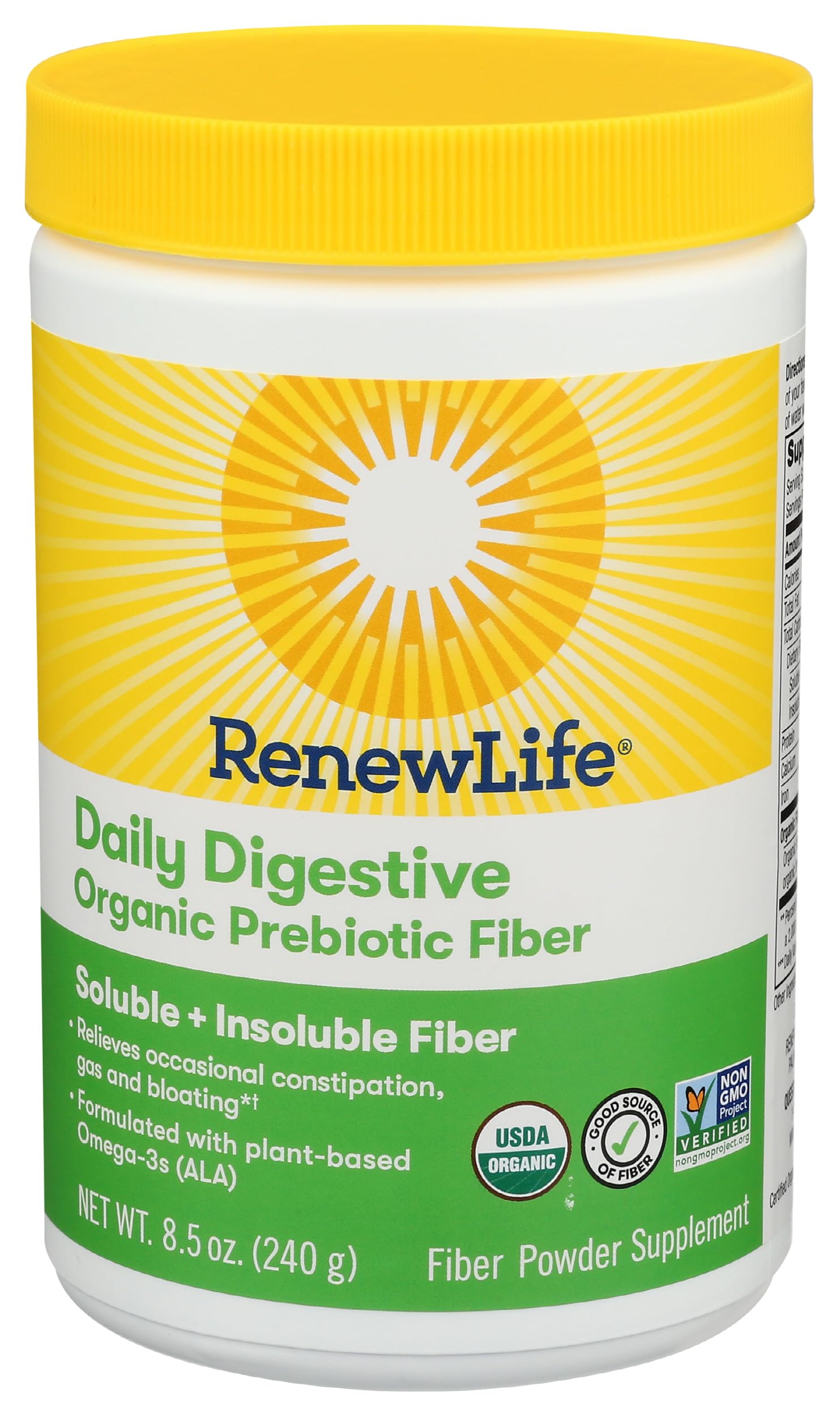 Adult Daily Digestive Organic Prebiotic Fiber, Plant-Based Omega-3, Soluble & Insoluble Fiber Powder, Helps Reduce Constipation, Gas, & Bloating, 8.5 Oz