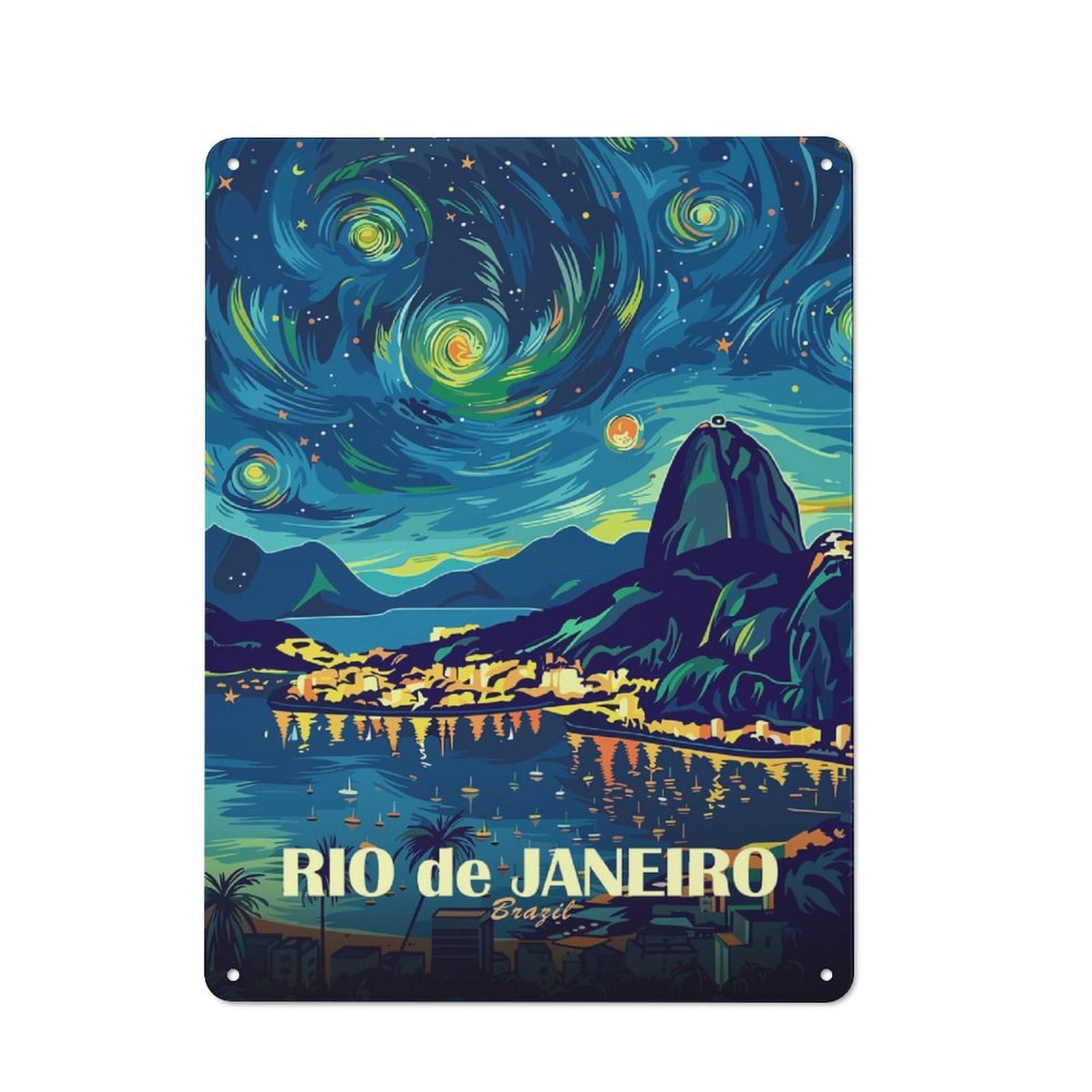 Junmoney Style-15 Tin Wall Plaque 40X30cm With Rio De Janeiro Brazil Starry Night For Hallway Wall, Suited To Wall Displays In Hallways And Entrance Areas