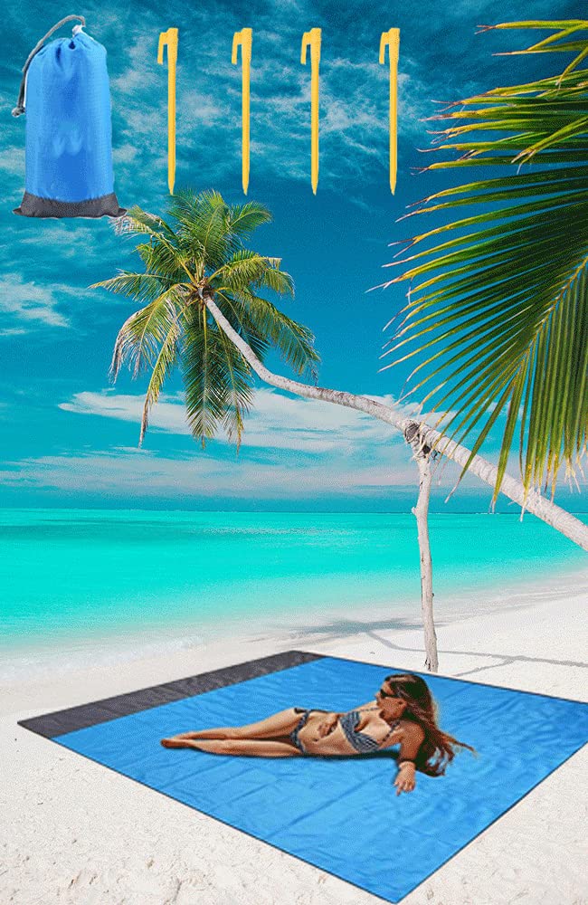 Beach Blanket Picnic Blanket, Waterproof Sand proof Water Resistant Beach Mat with 4 Fixed Nails, Reinforced Edging for Beach, Camping, Hiking and Grass Trips (L - 200cm x 210cm, Yellow/Grey) — image 1