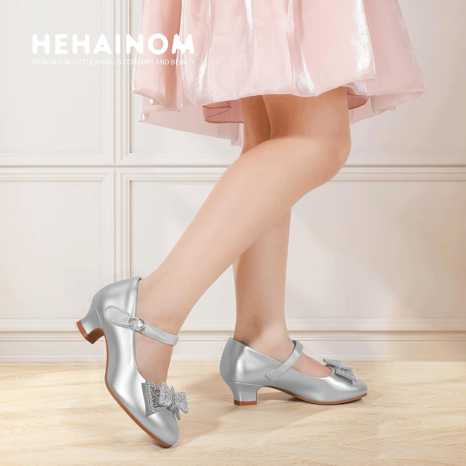 Hehainom Girls Heels Dress Shoes Rhinestone Bows Toddler Kids Pumps Shoes