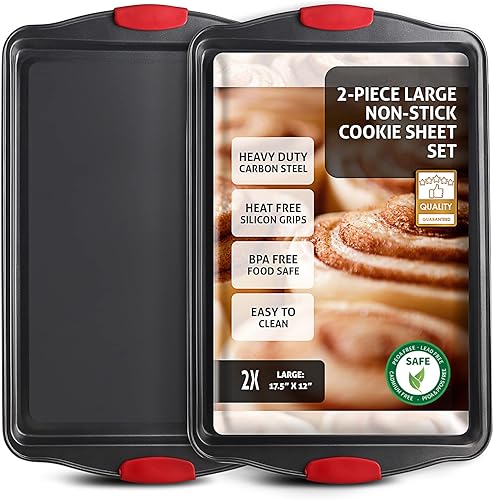 Juego de bandejas para hornear, juego de 2 piezas de bandejas grandes para galletas con asas de silicona, bandeja de acero para hornear, bandejas