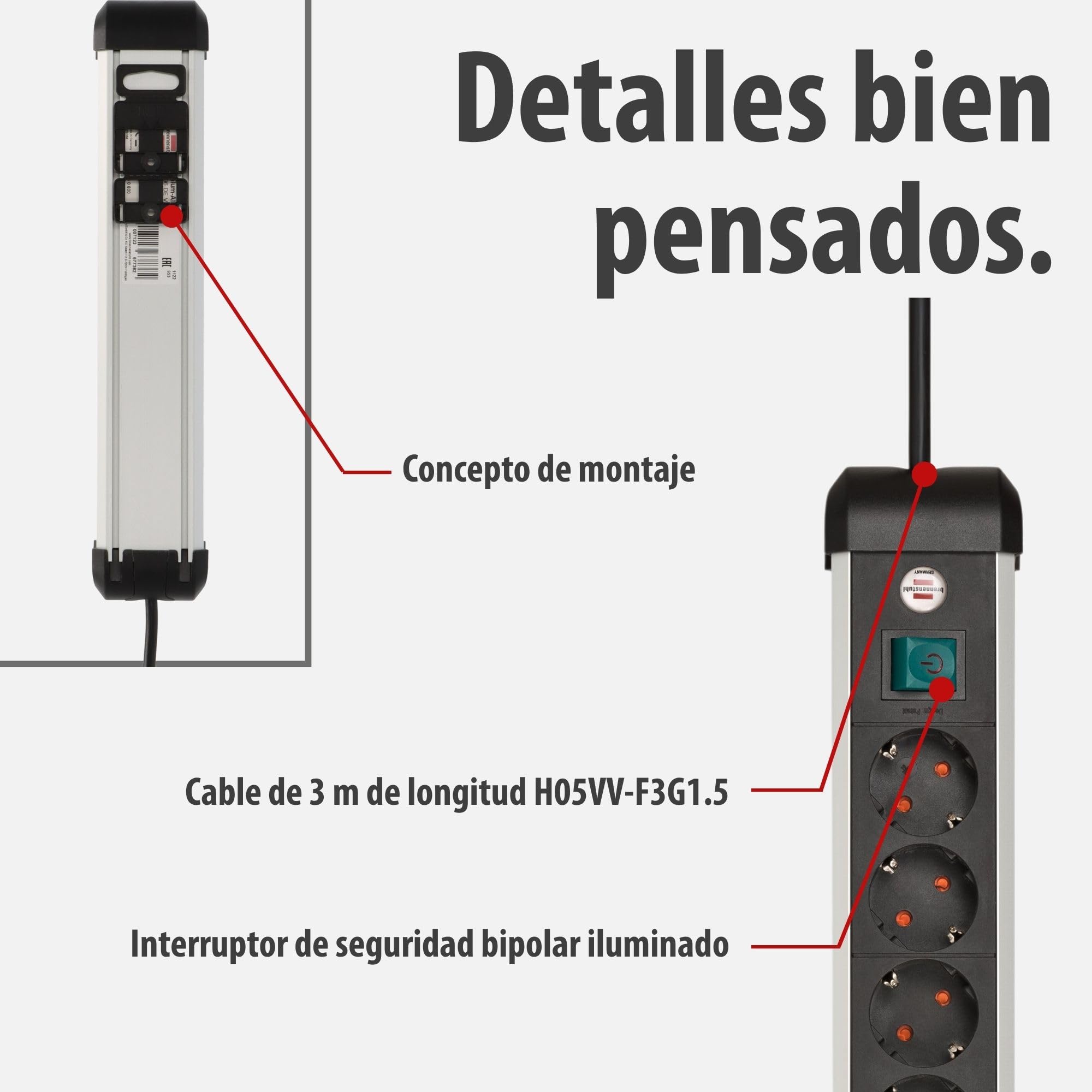 Brennenstuhl Premium-ALU-Line regleta enchufes de 10 Tomas/regleta de Aluminio (Enchufe múltiple con Interruptor, Cable de 3 m, Fabricado en Alemania)