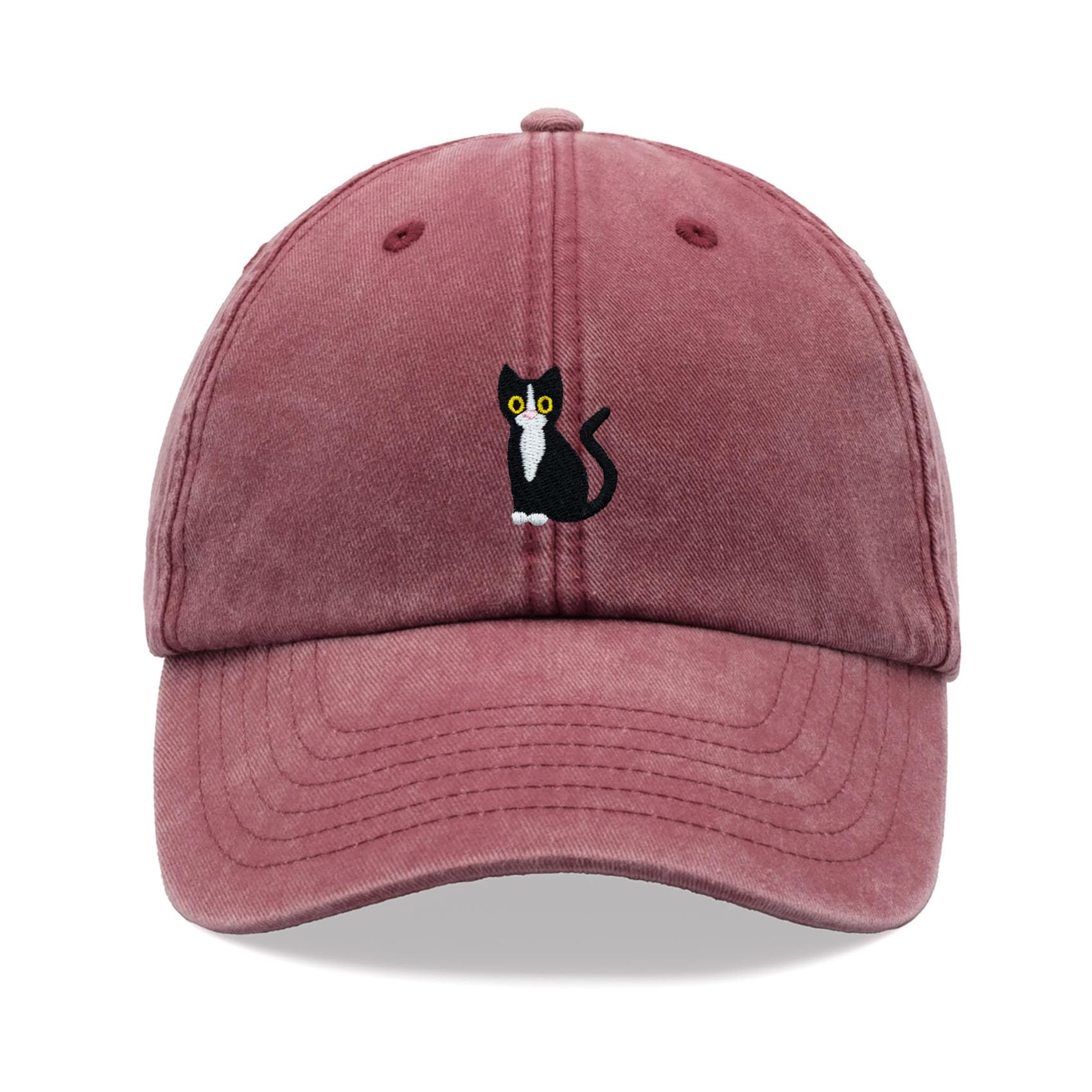 Black & White Tuxedo Cat Baseball Cap Vintage Washed Unisex Dad Hat Adjustable Red