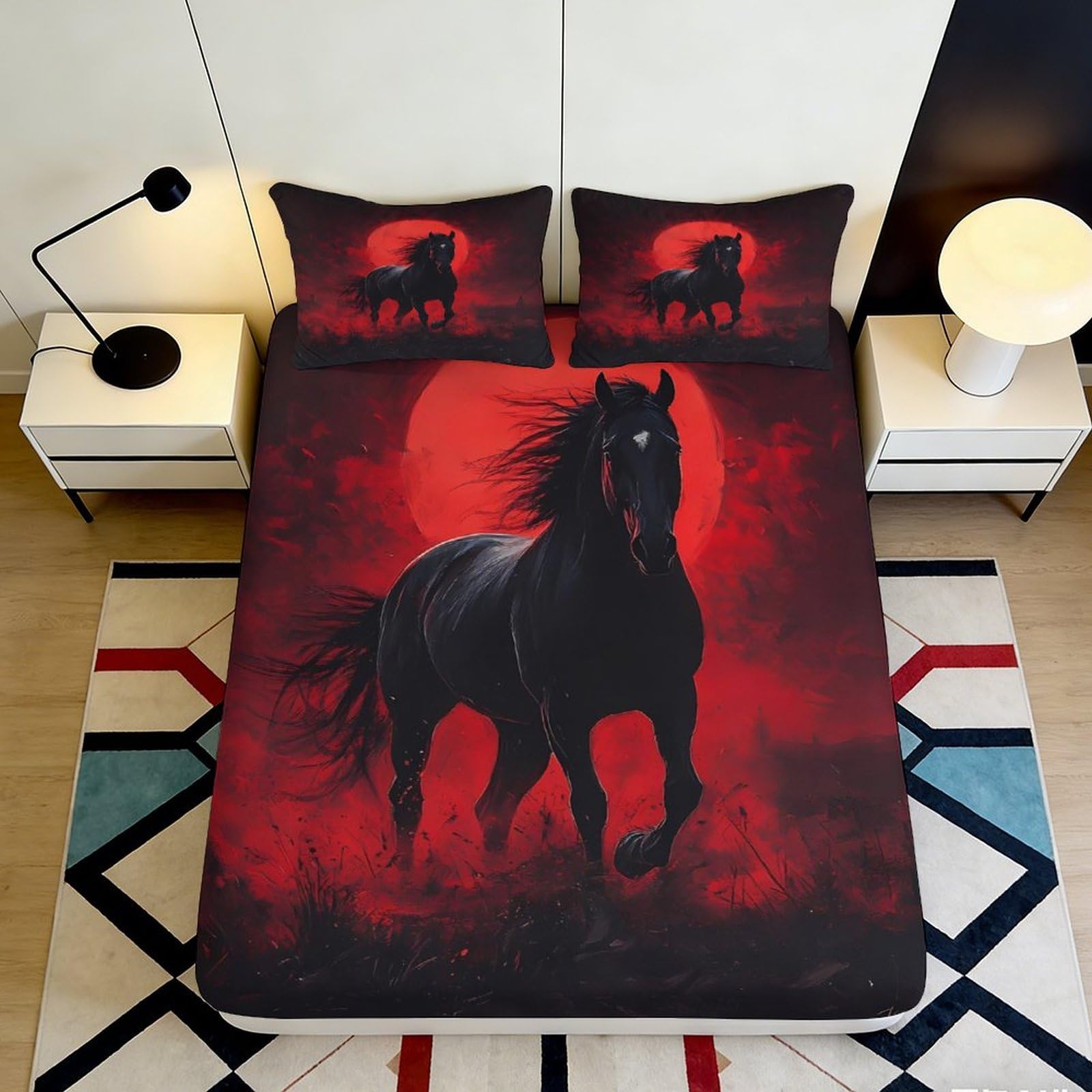 3D Printed Black Horse Fitted Sheet Microfiber Red Sunset Bed Cover Non-Slip Machine Washable for Bedroom Dorm Decor 90x200x25cm