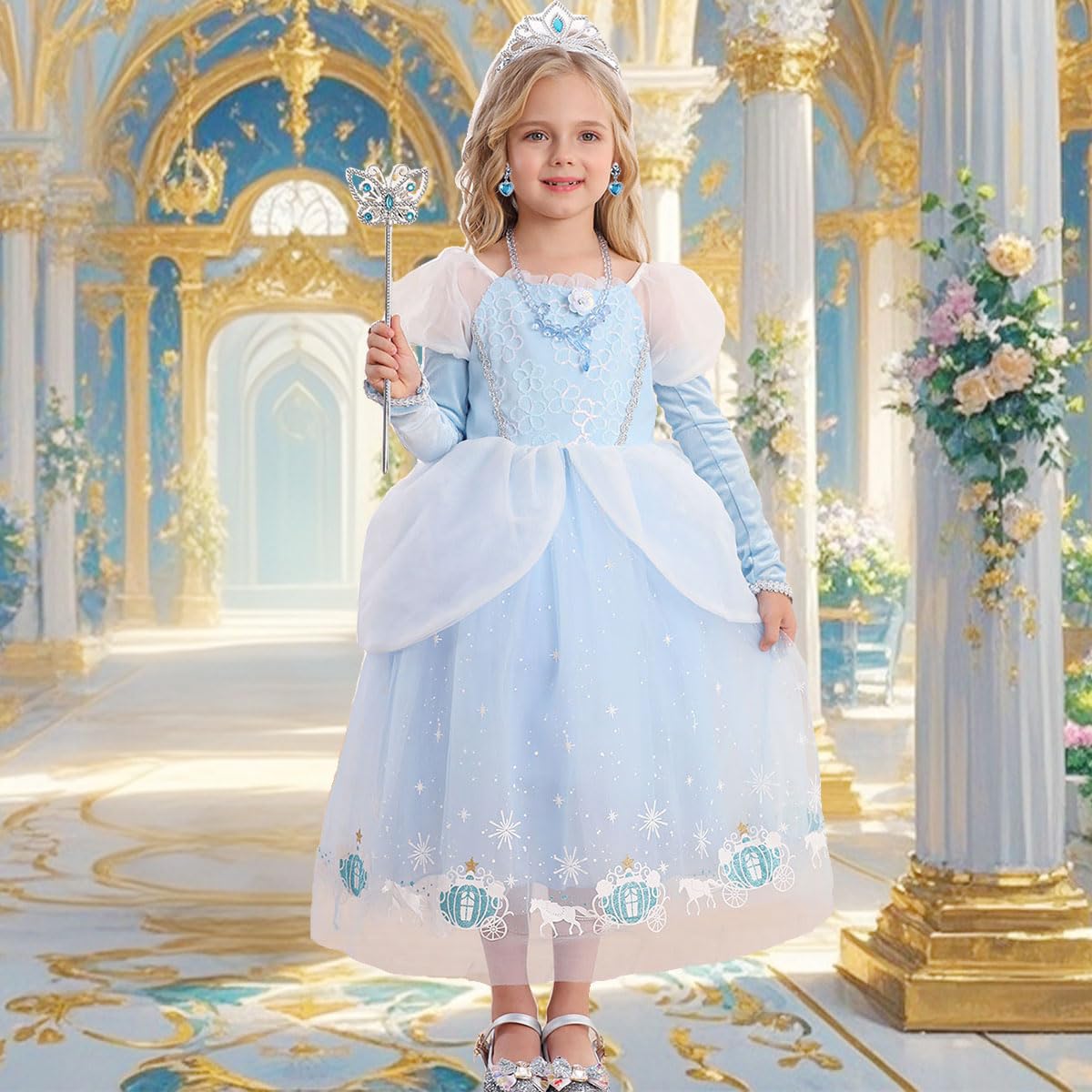 iTVTi Cinderella Dress for Girls Kids Blue Princess Costume Halloween Carnival Fancy Dress Up for Cosplay, 7-8 Years(Tag 150)
