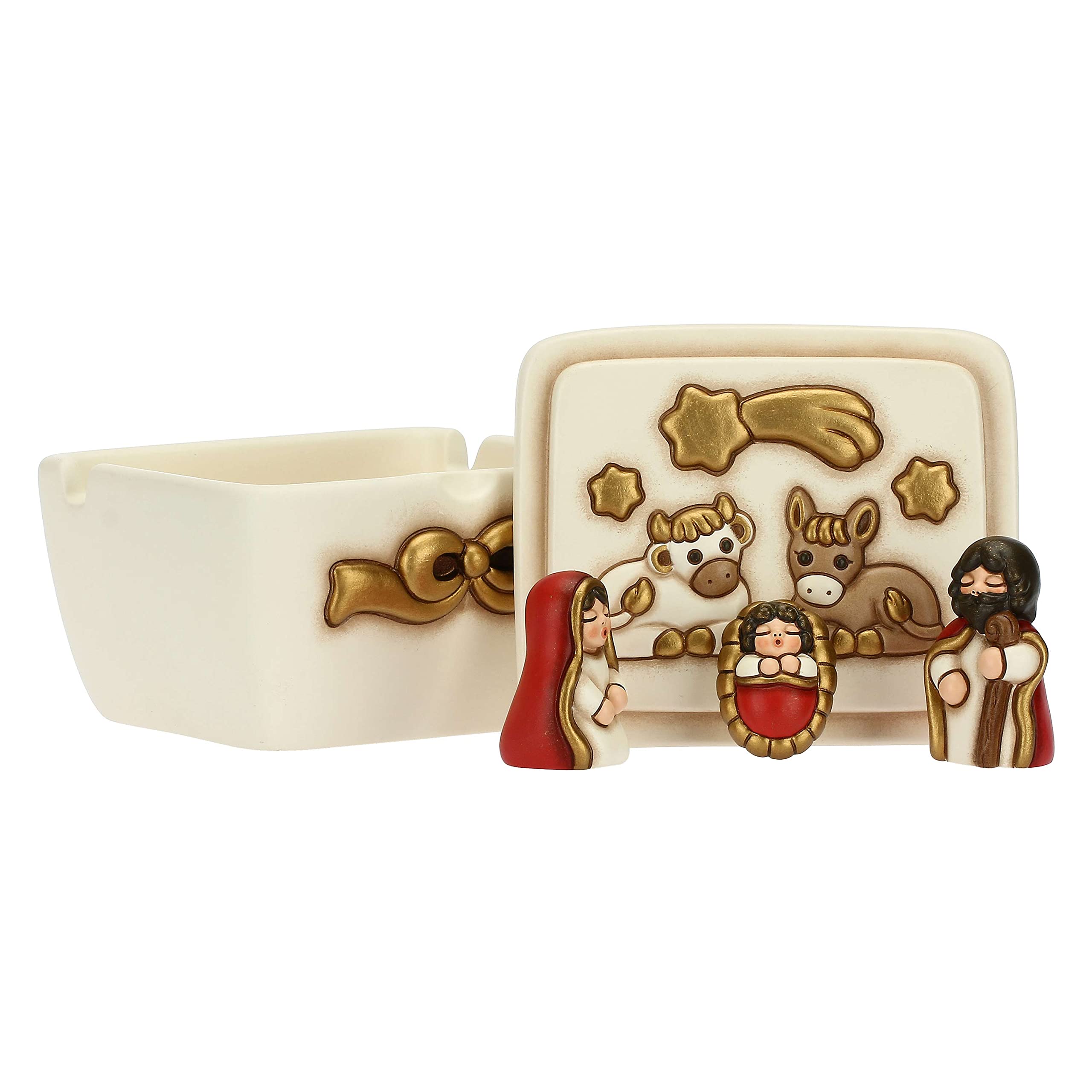 THUN - Presepe 2022 - Mini Presepe Completo della Natività in Ceramica Decorata a Mano - Linea Presepe Classico - Maria 2,​8x3x7,​7 cm h; Giuseppe 3,​2x2,​7x5,​5 cm h; Gesù 4x2,​7x1,​8 cm h