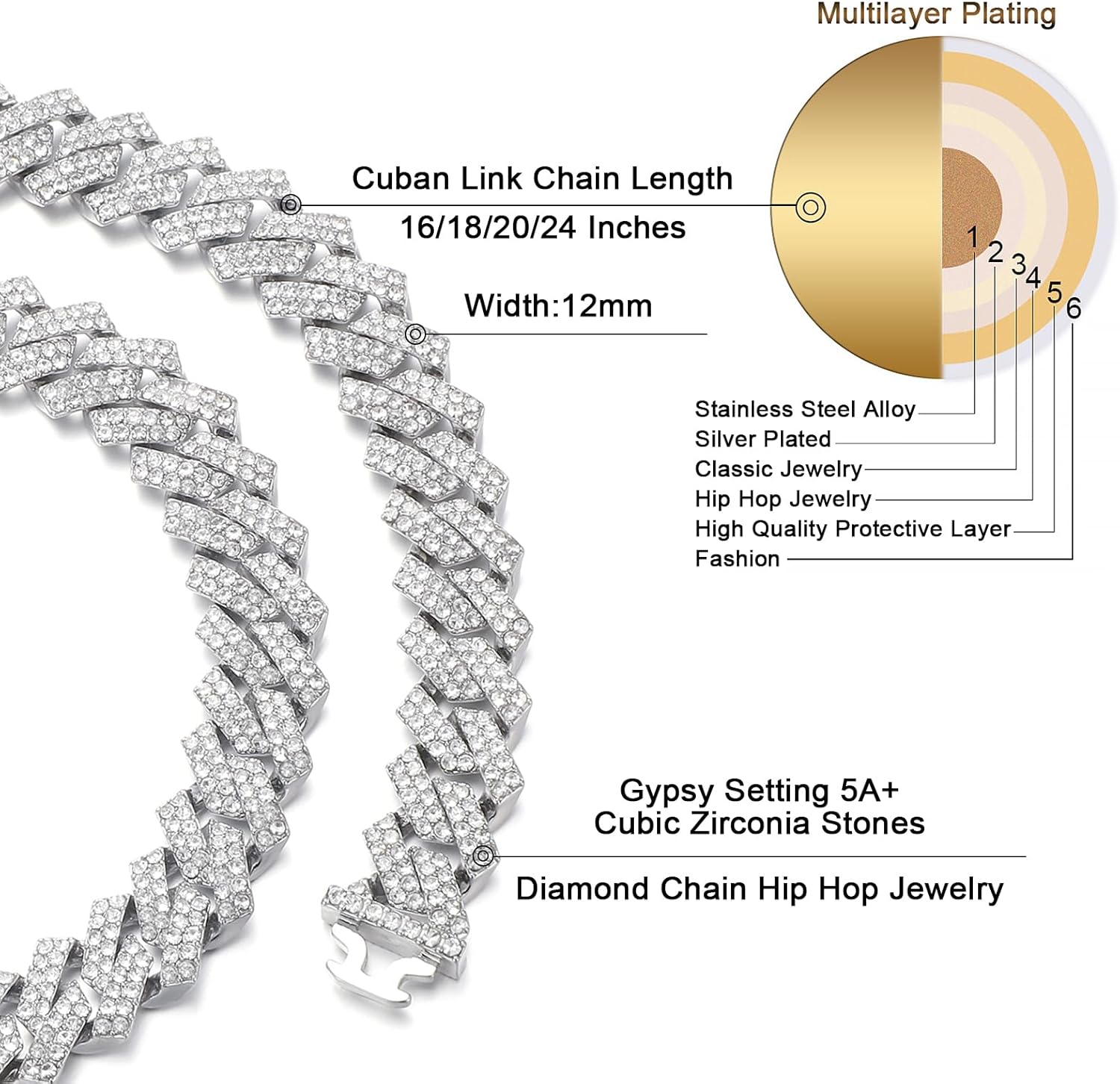 Saintda Cuban Link Chain for Men Women Iced Out Silver/Gold/Rose Gold Miami Cuban Necklace Bling Diamond Chain Hip Hop Jewelry with Gift Box - Image 3