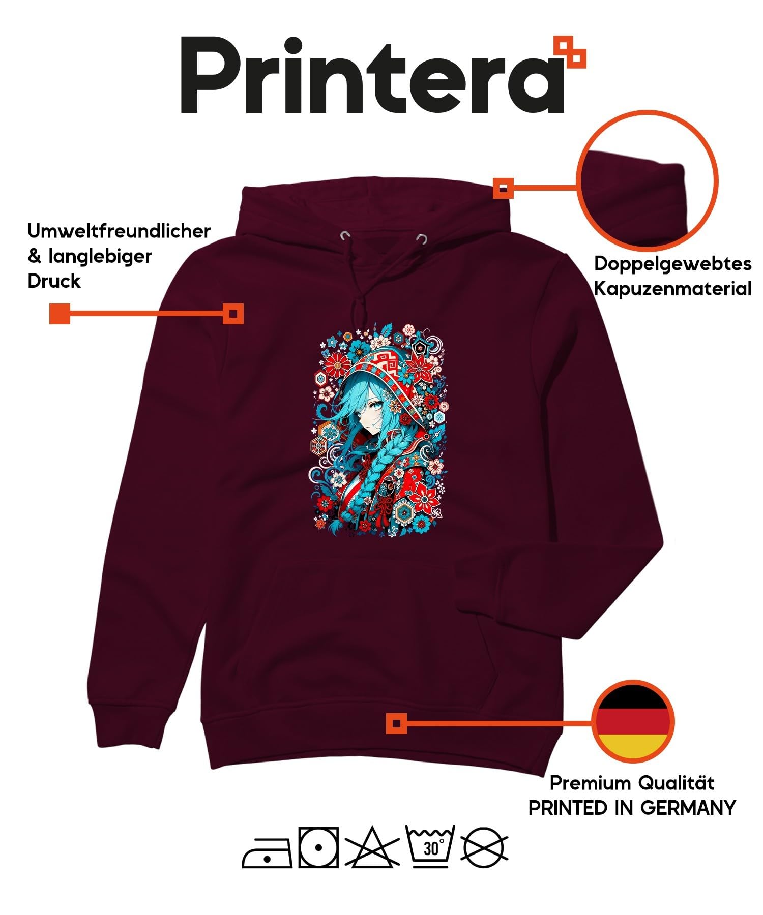 Anime dziewczęca niebieskie włosy Japonia Y2K bluza z kapturem, burgundowa, L | Aesthetic warkocz kwiaty tradycyjny Cosplay fantazja prezent dla geek kolorowy portret folkloru