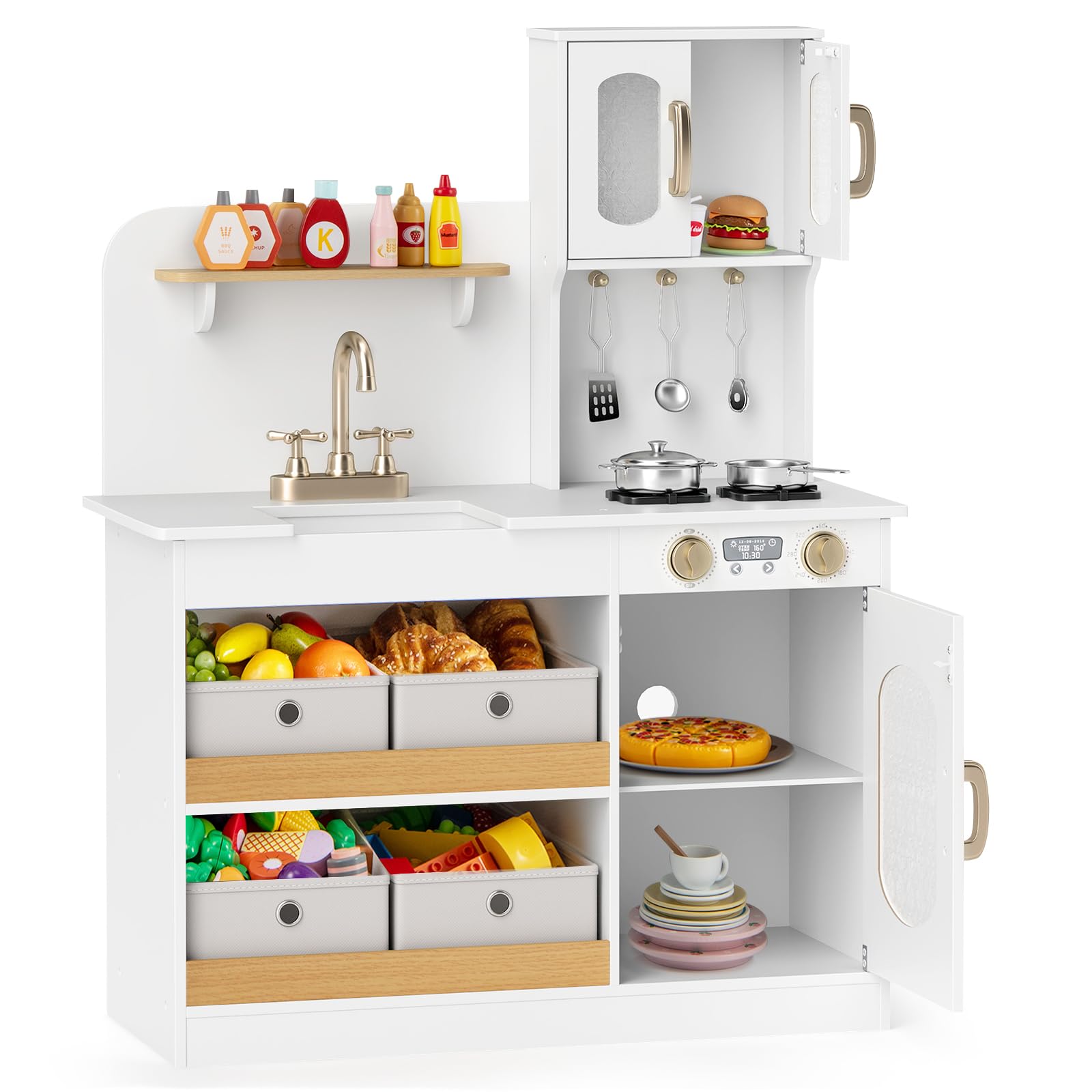 Maxmass Kids Play Kitchen, Wooden Children Toy Kitchen with 4 Fabric Drawers, Sink, Faucet, Cooking Accessories, Toy Cuttable Veggies, Toddler Kitchen Pretend Toy Set for 3+ Years Old Boys Girls