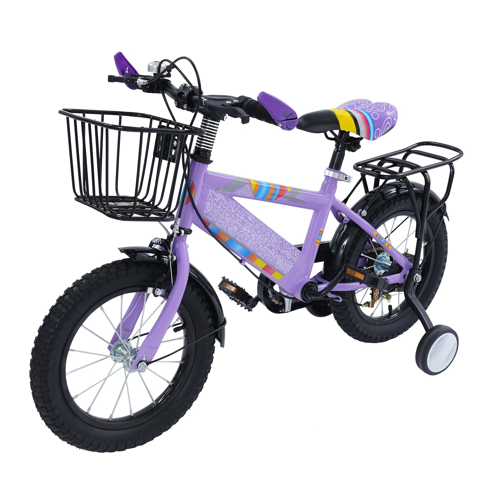 Bicicleta infantil de 14 pulgadas, con asiento trasero, bicicleta para niños con cesta y ruedas estabilizadoras con sistema de frenado dual para niños y niñas, a partir de 3 años, altura