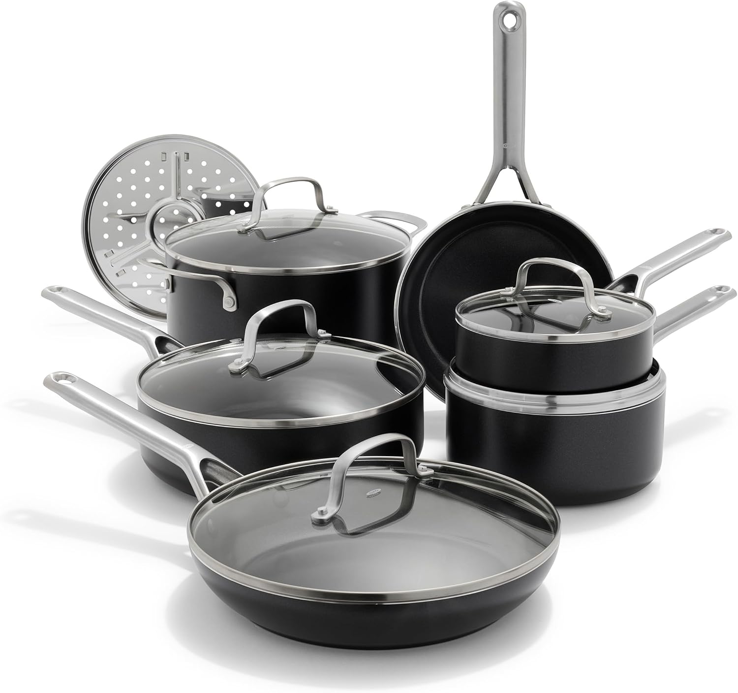 OXO Agility Series 12 Piece Cookware Pots and Pans Set, Ceramic Nonstick PFAS-Free, Induction, Skillets,Saucepans,Lids,Even Heating,Stainless Steel Handles,Chip-Free Rims,Dishwasher & Oven Safe,Black
