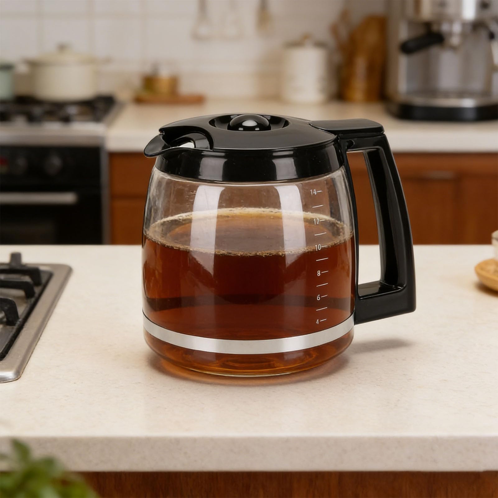 Ersatz für Kaffeekanne, Ersatzkaraffe für Kaffeemaschine aus Glas mit Griff, und Kältebeständige Kaffeekanne für Espressomaschinen, Leicht zu Reinigen (Ersatz für 14 Tassen 2,1 l)