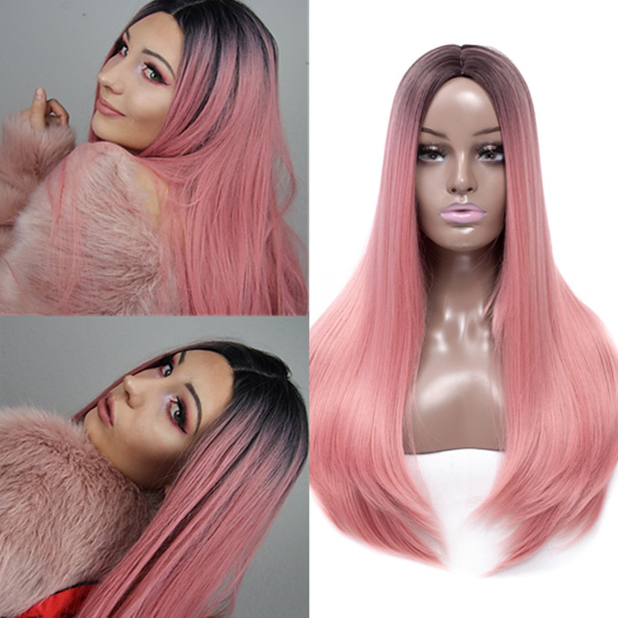 ATOZQueen Synthetic Long Straight Ombre Wig Black Root to Peach Pink Wigs with Middle Part for Women