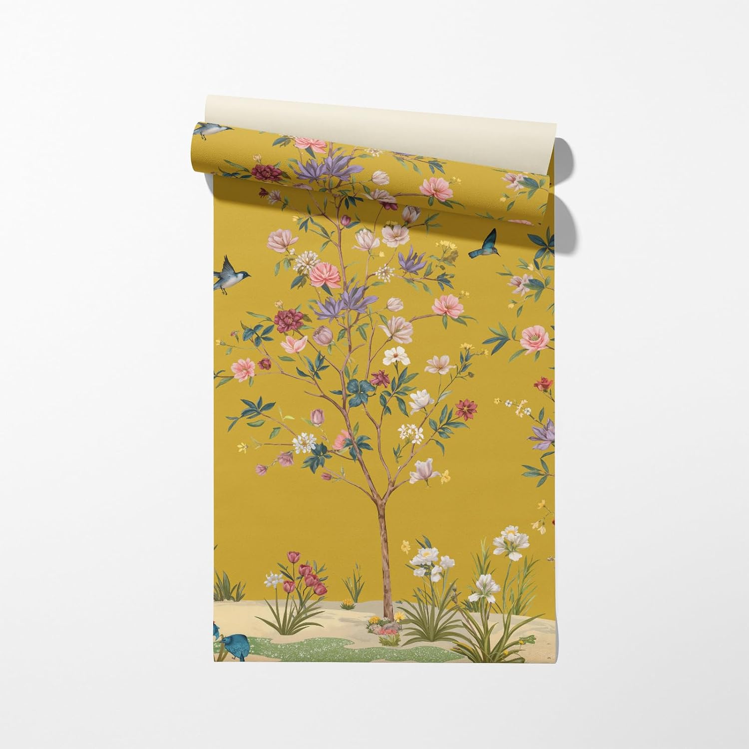Self-Adhesive Peel and Stick Wall Mural | Floral & Bird Design with Tropical Green Background | Removable Canvas Wallpaper for Living Room, Bedroom, Office (C, W160'' x H110'')