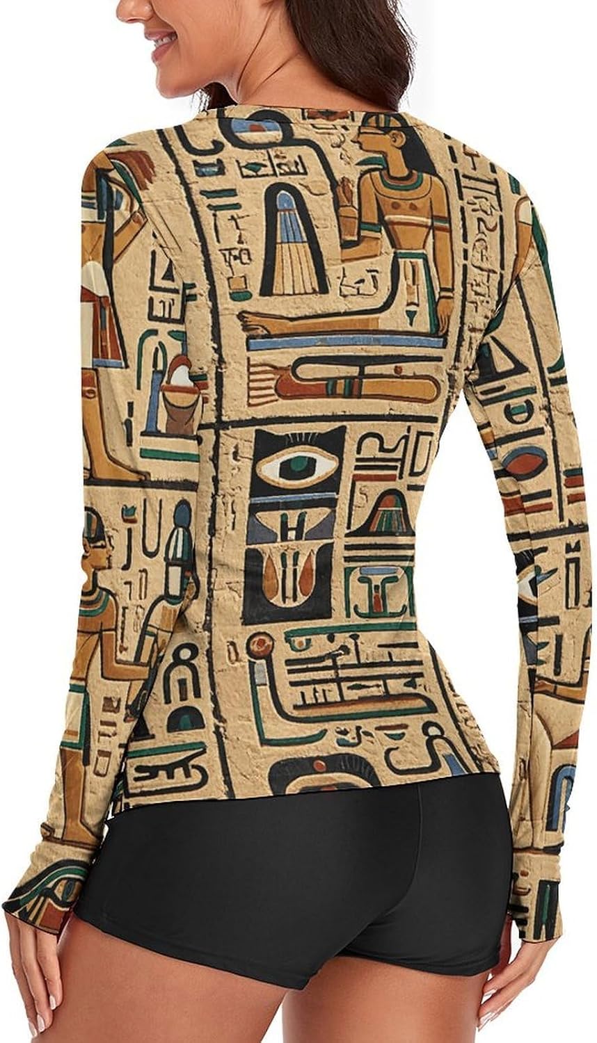 Egyptian Hieroglyph Rash Guard for Women UPF 50+ UV Sun Protection | Long Sleeve Workout Top Quick Dry Athletic Hiking Shirt Moisture Wicking Swim Shirt for Running, Cycling, Swimming