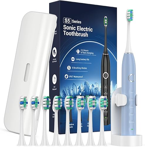 Cepillo de dientes eléctrico para adultos con 8 cabezales de cepillo, cepillo de dientes sónico recargable con un soporte y estuche de viaje, carga