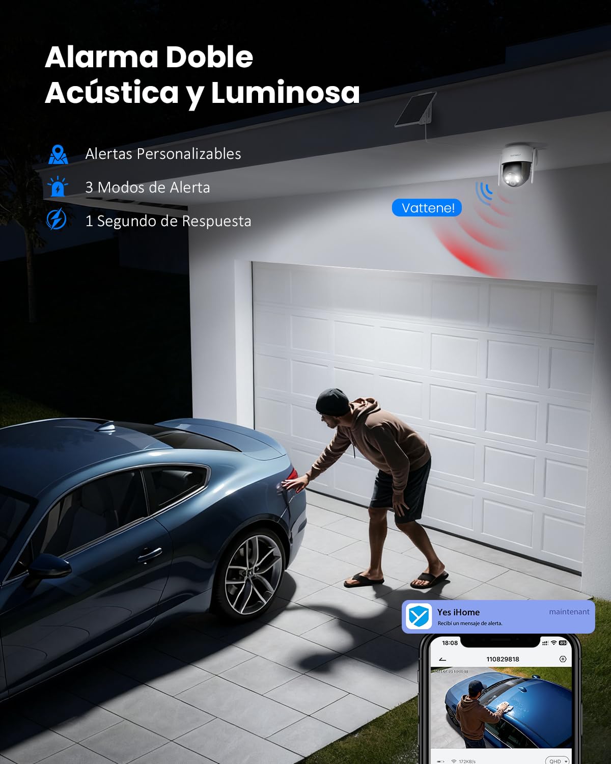 2K Camara Vigilancia WiFi Exterior Solar, Camara de Vigilancia con Batería Recargable, 3MP Vision Nocturna Color, 360°PTZ, Detección de Movimiento PIR, 2.4GHz, IP65
