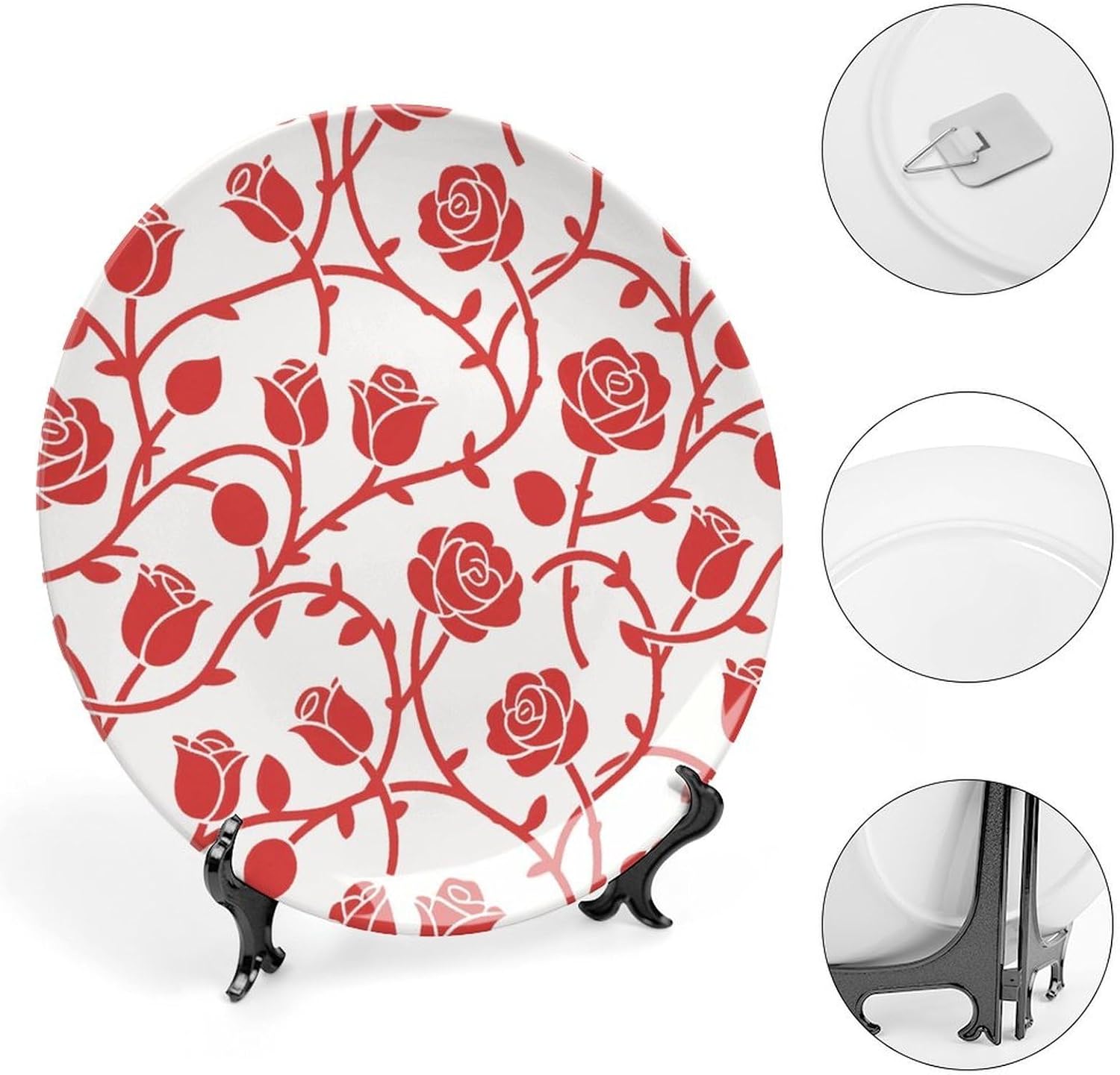 Red Rose Vine Decorative Plates Bone China Plates with Stand for Display 10inch Round Ceramic Dinner Plates Dessert Plate for Kitchen Party Coffee Table Decor Art
