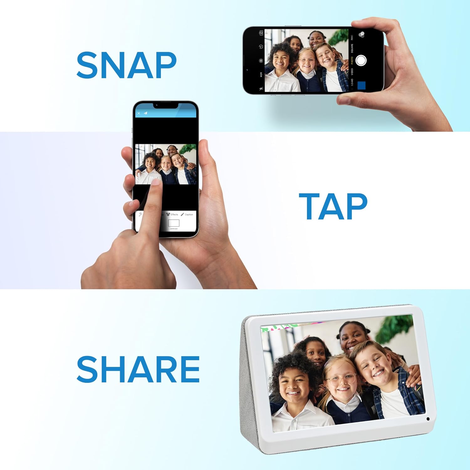 PhotoShare MyLuma frame displaying a photo, with a smartphone showing the PhotoShare app interface