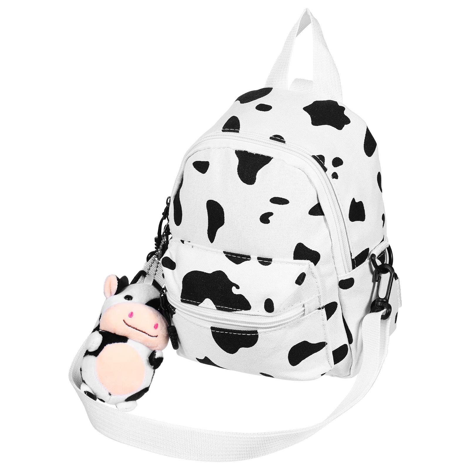 TENDYCOCO Mini Canvas Daypack with Plush Cow Pendant Cow Print Backpack Adorable Backpack for Women Lady Girls Outdoor Travel Shopping (White)