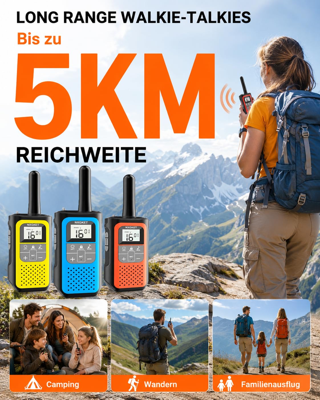 NXGKET Walkie Talkie Niños Recargable, 24 Horas de Tiempo de Trabajo, 5 km de Largo Alcance, 16 Canales, Función VOX, Walkie Talkies para Acampadas y Senderismo al Aire Libre, Paquete de 3