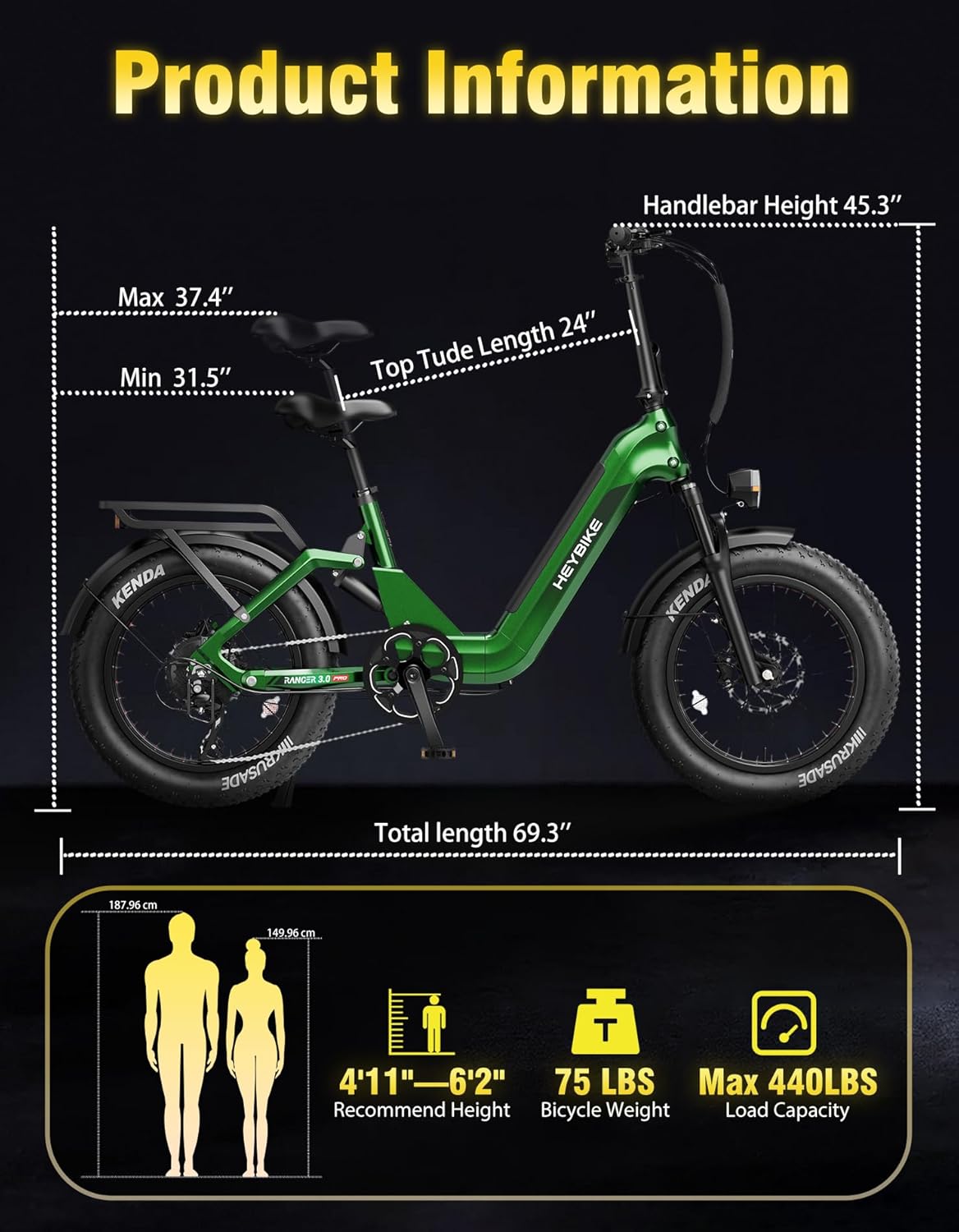 Heybike Ranger 20"x4.0" Fat Tire Folding Electric Bike for Adults, 1200W/1800W Peak Motor, 28/32MPH, up to 55/90 Miles Range, UL2849 Certified Removable Battery for Commute Beach Mountain Snow E Bike