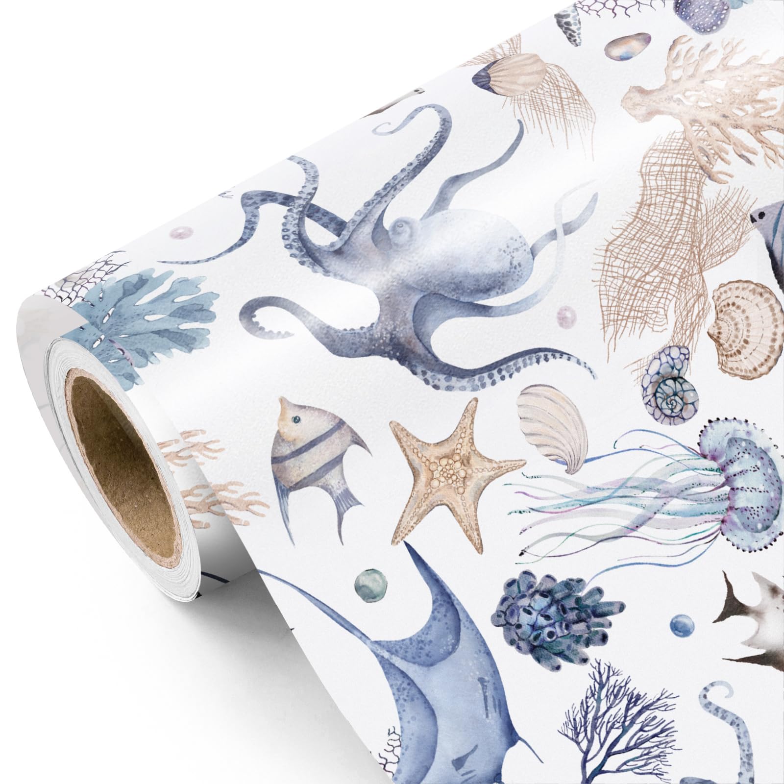 WRAPAHOLIC Ocean Wrapping Paper Roll - Mini Roll - 17 Inch x 9.8 Feet - Octopuses Fish Design for Boys Girls Kids Birthday, Baby Shower