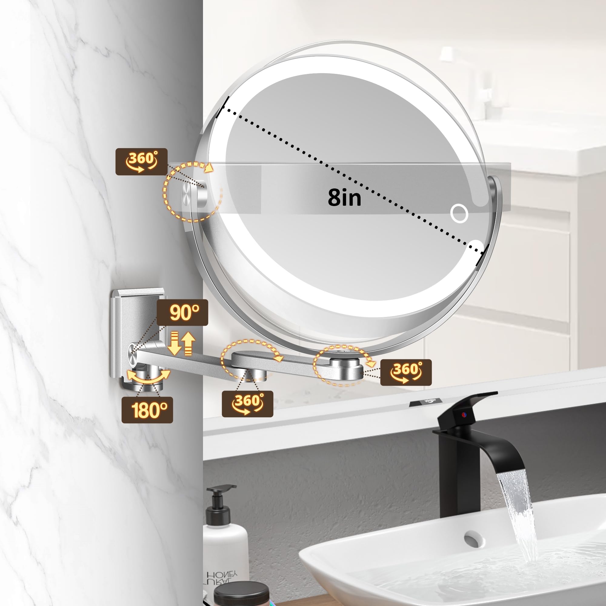 MOMOKUBA Wandmontierter Make-up-Spiegel, Vergrößerungsspiegel mit Licht, 20X/1X doppelseitig, höhenverstellbar, 3 beleuchtete Modi, wandmontierter Spiegel aus Aluminiumlegierung, ideal für Badezimmer