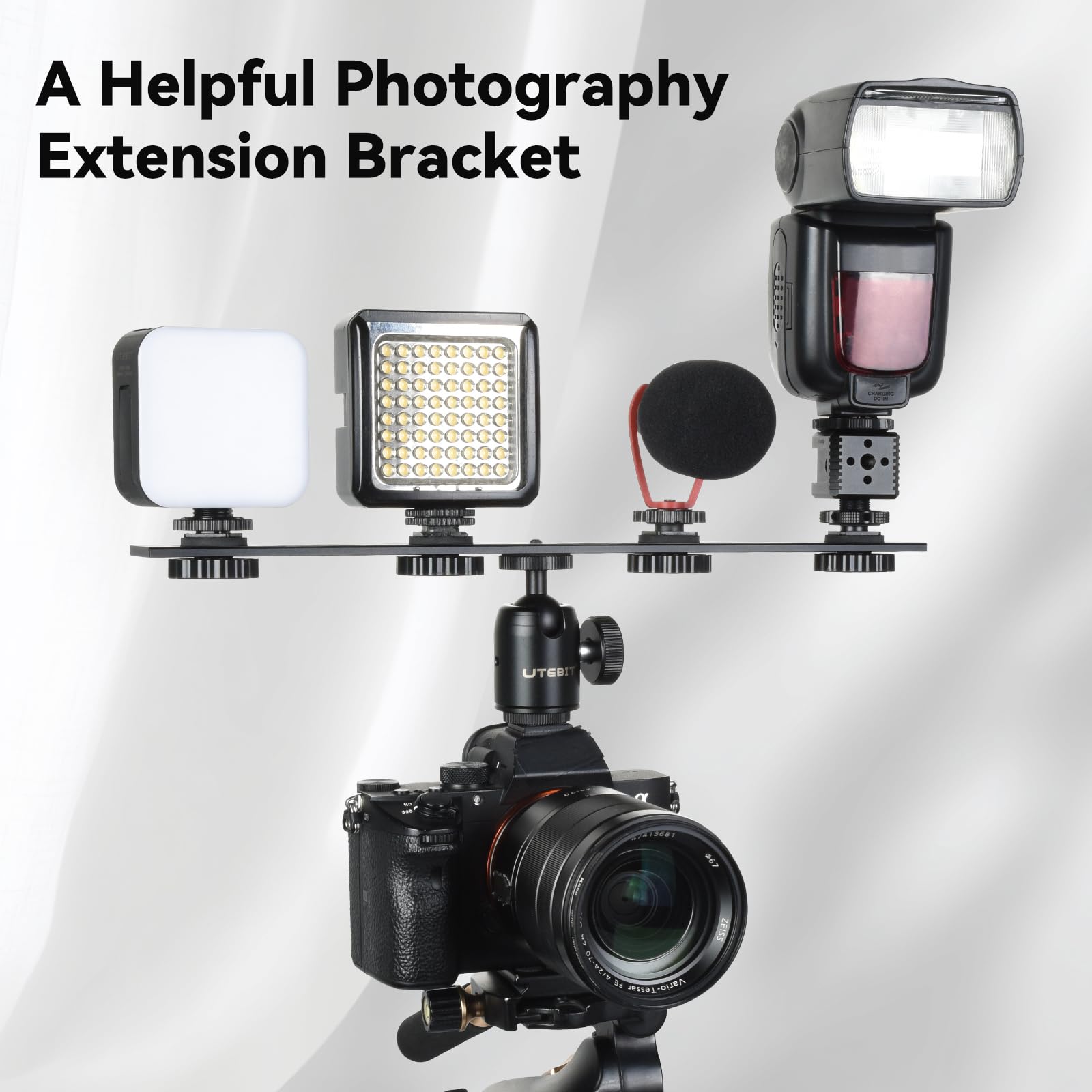 UTEBIT 13 in Support De Flash Double, Rail De Flash En Aluminium Avec Vis 1/4" Et 3/8", Support De Flash Pour Appareil Photo Avec Double Griffe Pour Appareil Photo DSLR, Lumière LED