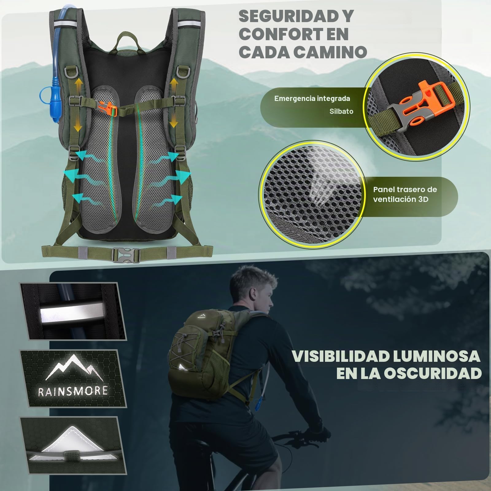 RAINSMORE Mochila de Hidratación con Bolsa de Agua 2L Mochila Bicicleta Montaña Mujer Hombre con Funda Impermeable para Senderismo Correr Ciclismo Trail Running Escalada Deportes al Aire Libre