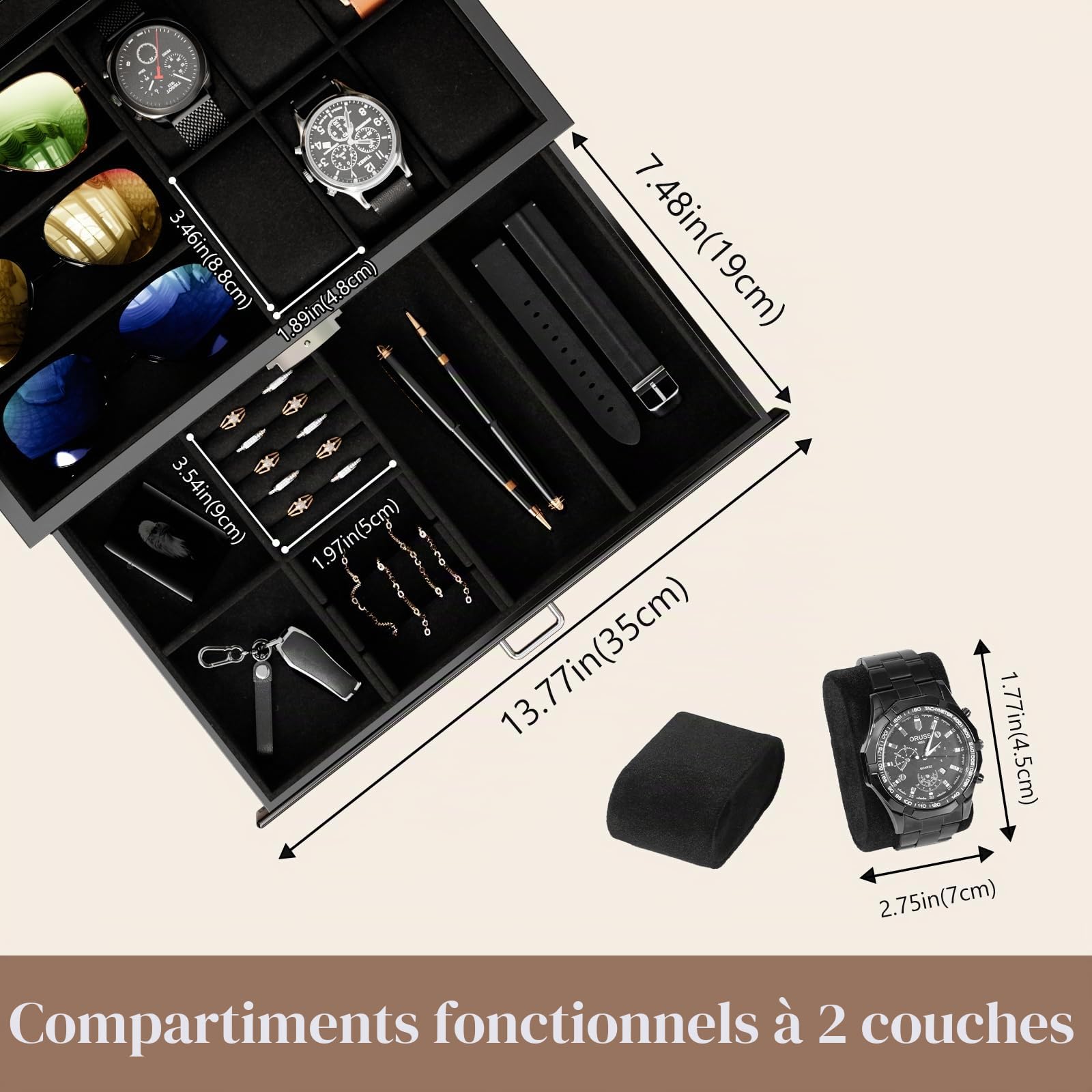 ProCase Boite Bijoux Homme à 2 niveaux Luxueuse, 1ème Compartiment pour Range 6 Montres 3 Lunettes de Soleil, 2ème Compartiment pour de Petits Bijoux Objets, avec Couvercle en Verre -Noir