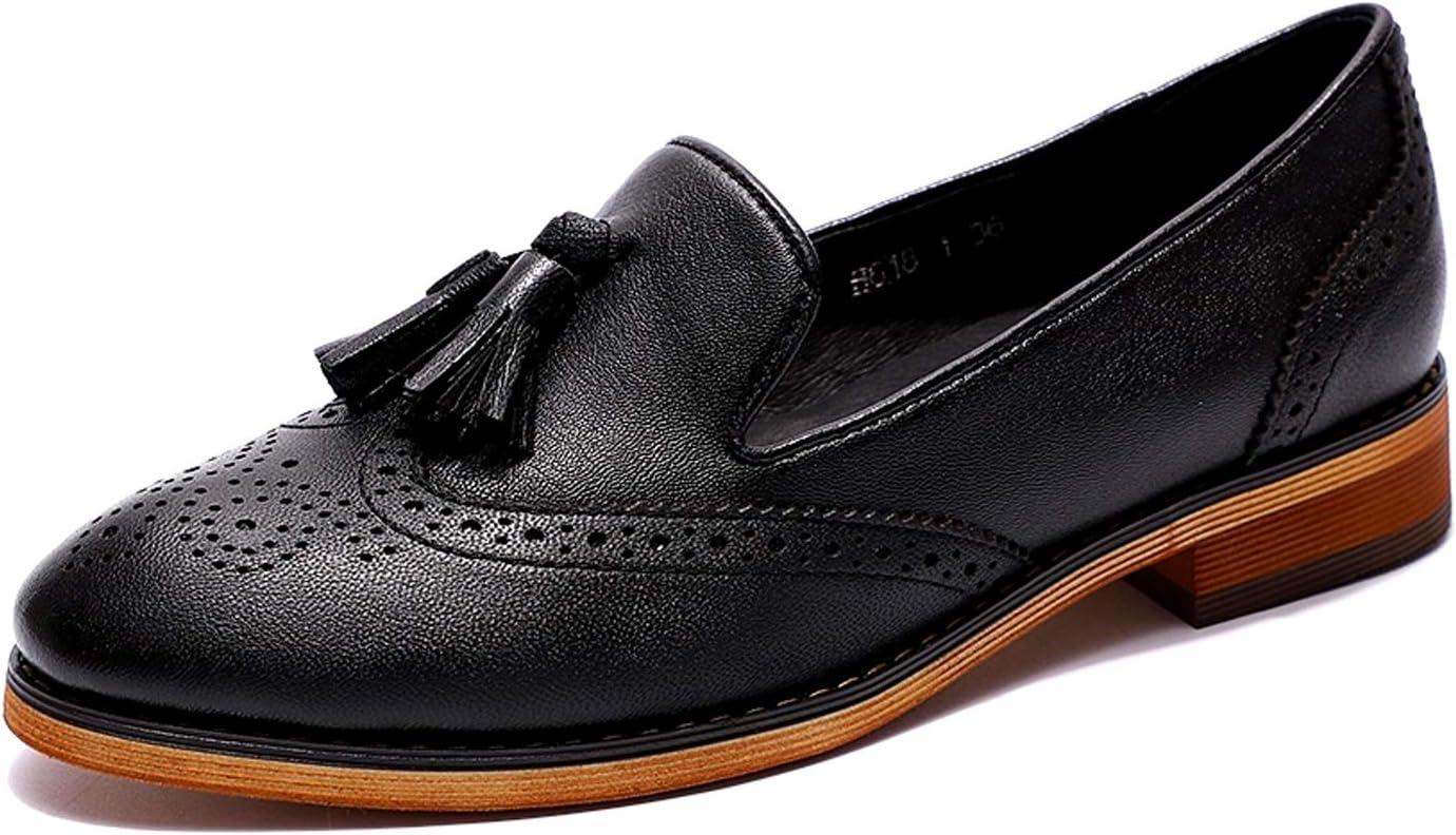 Mona flying Women's Leather Tassel Loafer Slip on Wingtip Brogue Dress Casual Flat Office Work Shoes for Ladies