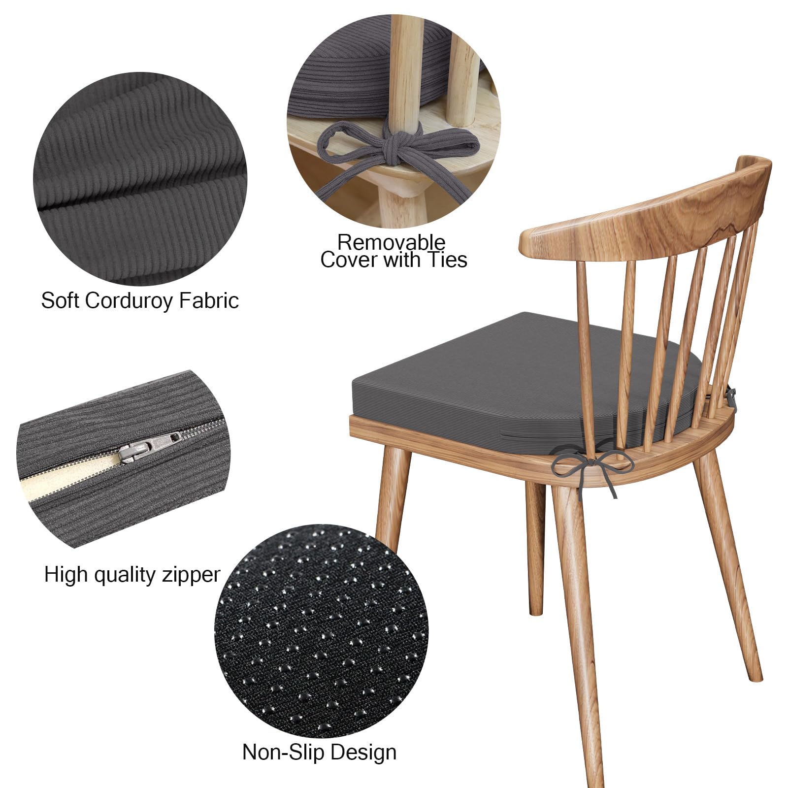 Juego de 2 cojines de asiento para silla de comedor, cojines de silla de jardín y cocina con lazos, cojines de espuma de corduroy en forma de U cómodos para interior y exterior, 40 x 40 cm