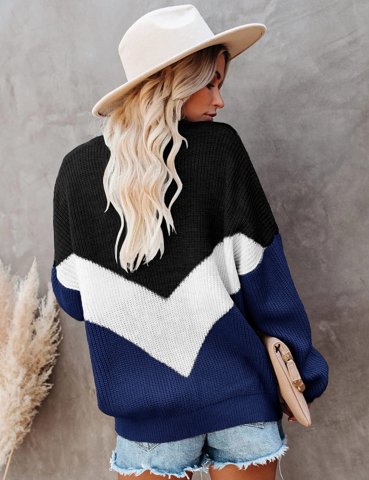 heekpek Maglione Oversize Donna Girocollo Invernale Maglione Lavorato a Maglia Donna con Pannello a Righe V Maniche Lunghe Casual Pullover per Autunno Inverno