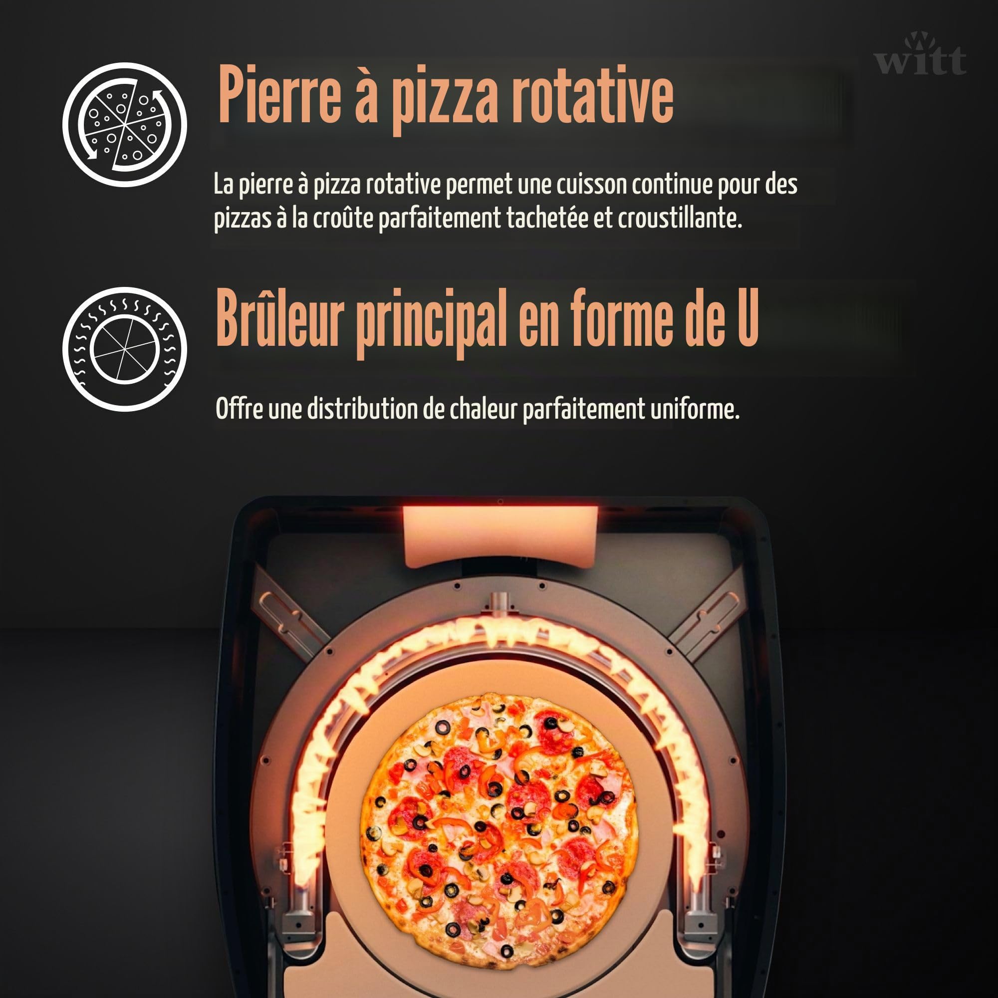 WITT Four à pizza à gaz WITT ETNA ROTANTE pour pizza napolitaine et en teglia, lasagne PIETRA GIREVOLE ROTANTE AUTOMATIQUE (NOIR)