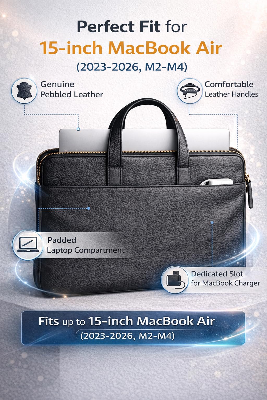 Bolsa de piel para laptop de 15 pulgadas MacBook Air hecha a mano con asas funda protectora delgada de cuero de grano completo (beige)