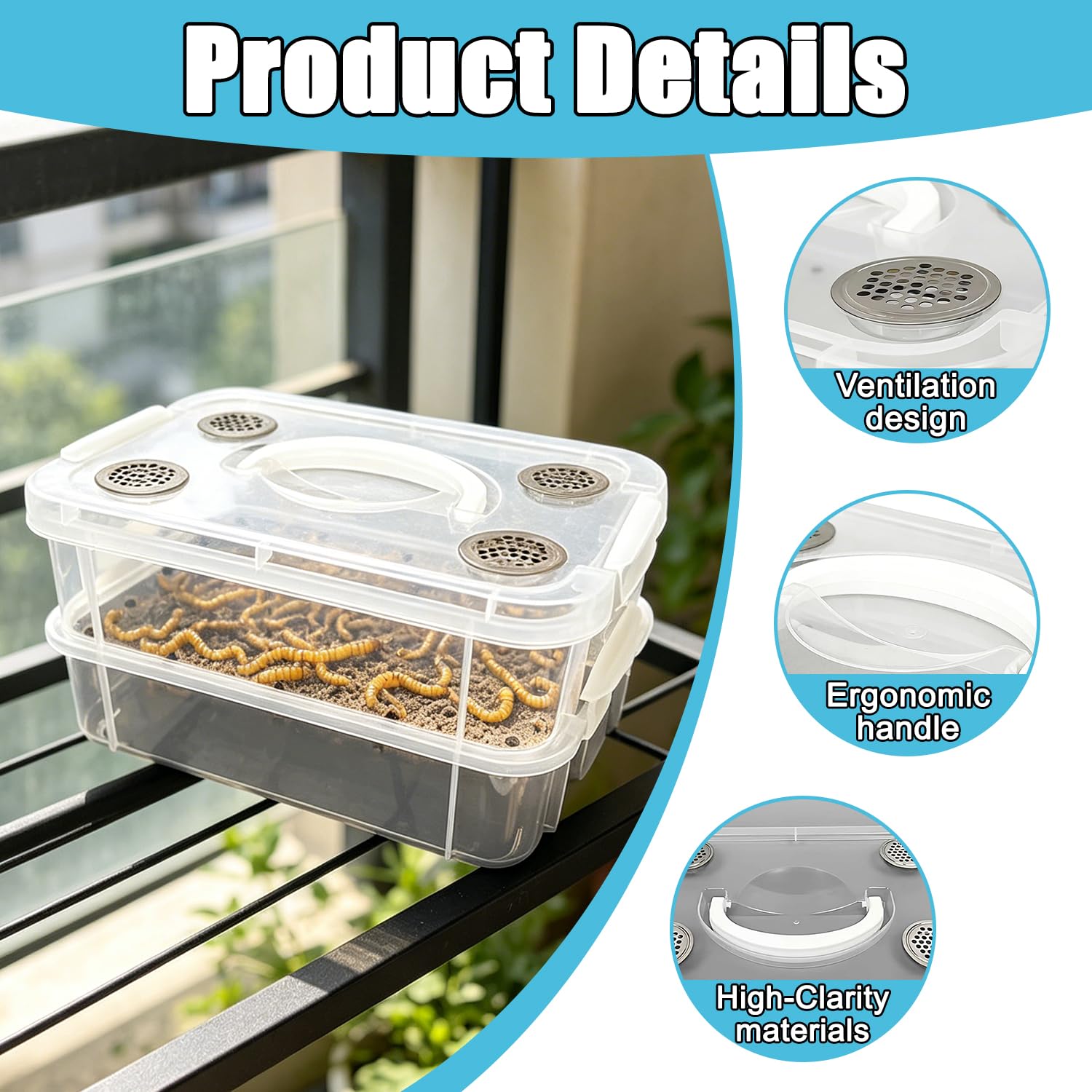 Kit de Cría de la Harina, Contenedor para Cría de Tenebrios, Contenedor Transparente de Doble Capa de Tenebrios, Caja de Cultivo y Cría de Gusanos de la Harina, para Petauros del Azúcar, Aves, Pollos