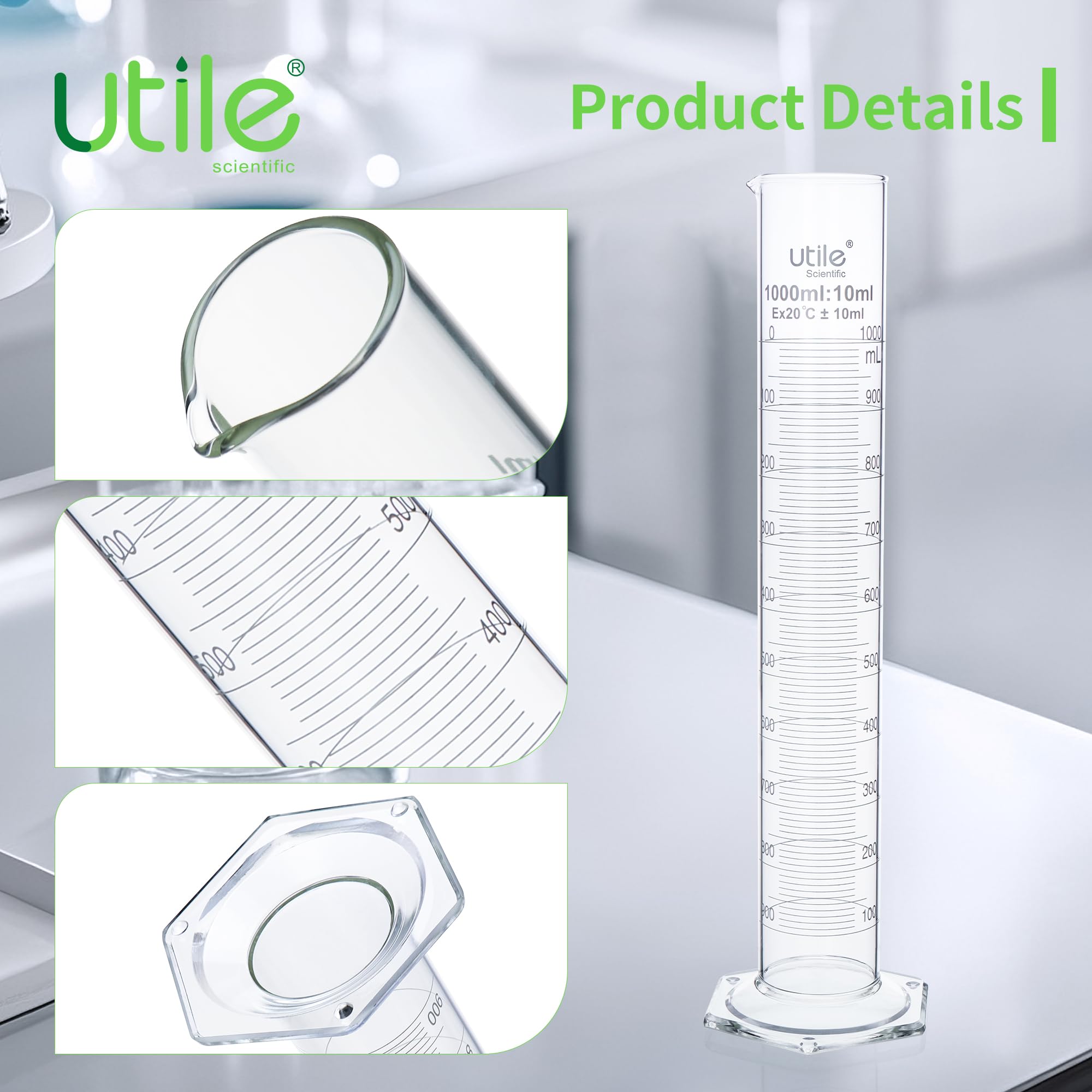 1 set di cilindri graduati in vetro da 1000 ml e 1 spazzola cilindrica, cilindro in vetro borosilicato 3.3 con base esagonale in plastica, cilindri da laboratorio in vetro, 4099.0124.1